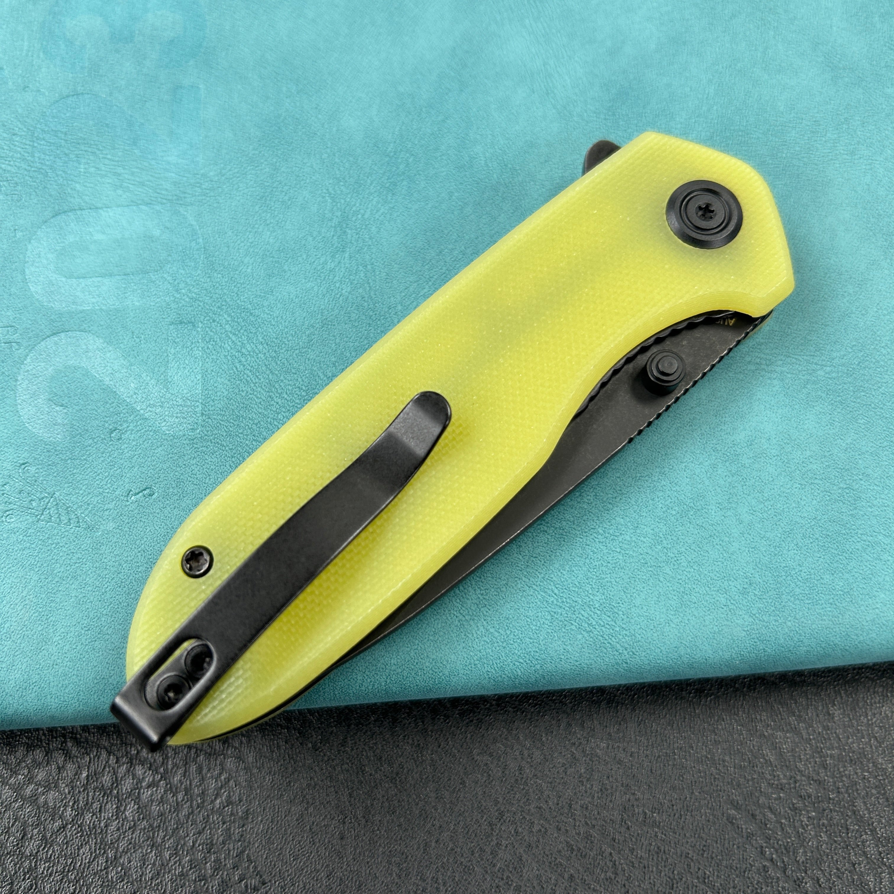 KUBEY KU342G Belus Thumb Stud Everyday Carry Pocket Knife YellowG10 Handle 2.95" Blackwashed AUS-10 Blade