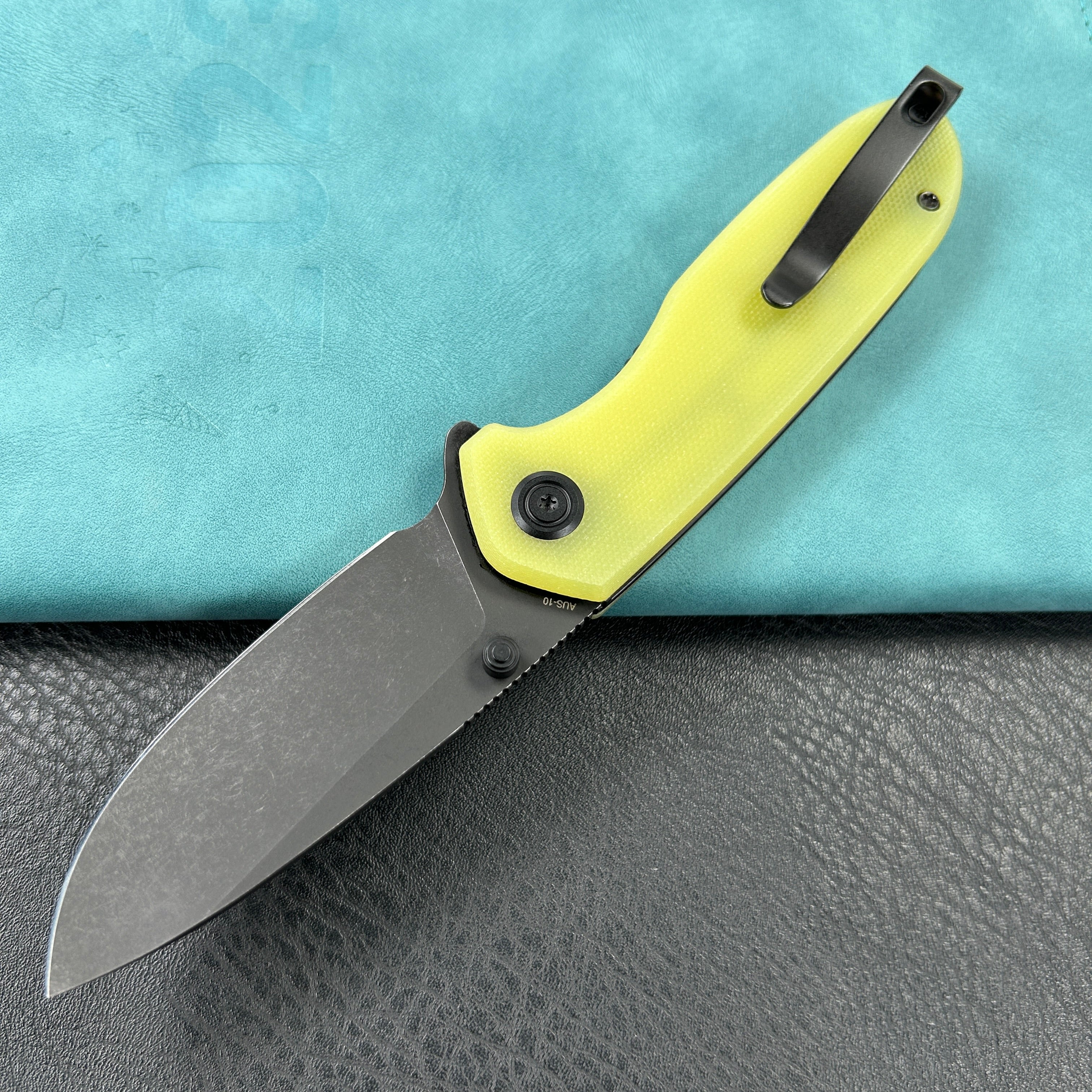 KUBEY KU342G Belus Thumb Stud Everyday Carry Pocket Knife YellowG10 Handle 2.95" Blackwashed AUS-10 Blade