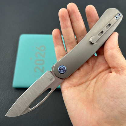 KB KNIVES KB354A Decimal Folding Knife Gray Titanium Handle 3.15" Belt Satin M390 Blade