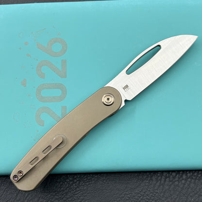 KB KNIVES KB354D Decimal Folding Knife Bronze Titanium Handle 3.15" Belt Satin M390 Blade