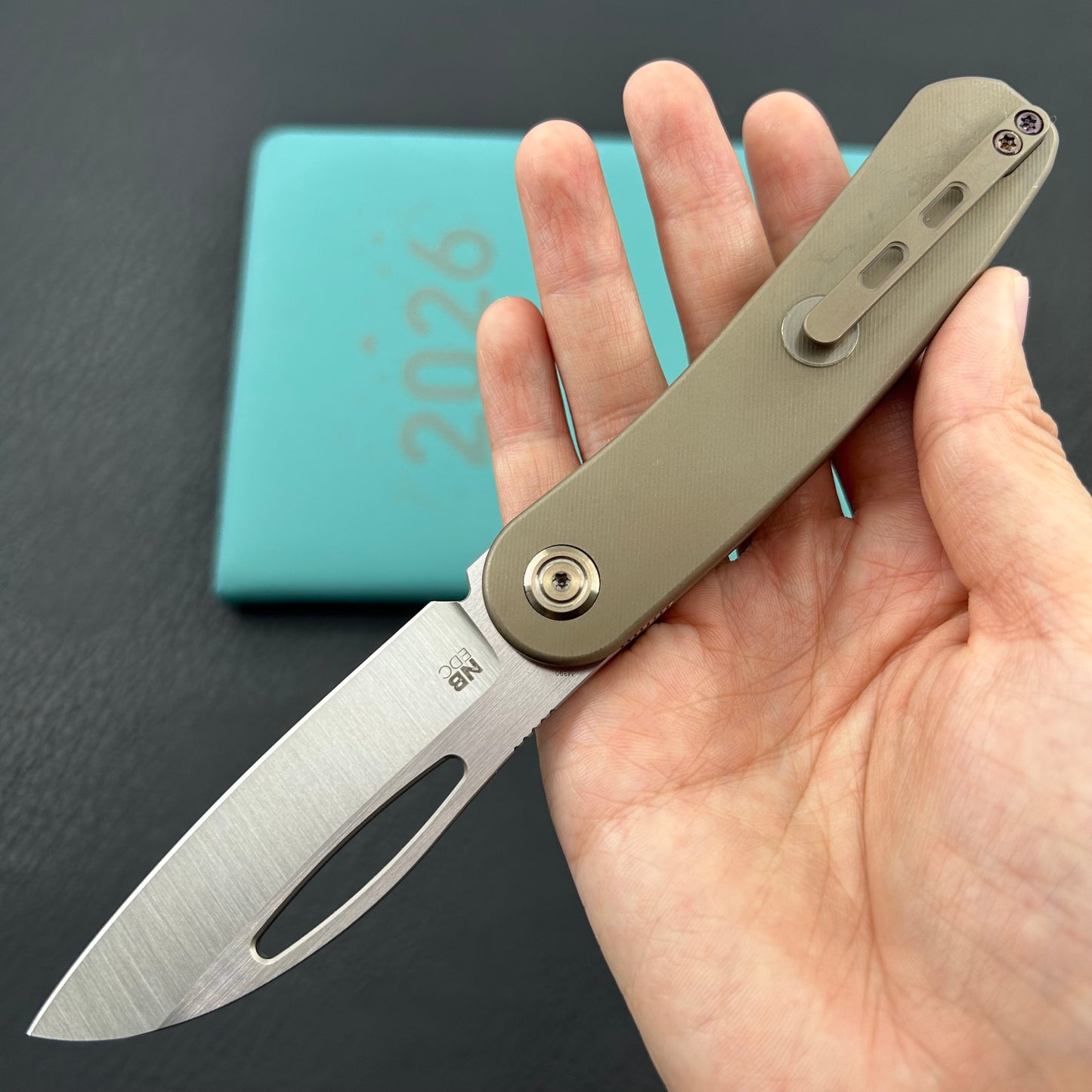 KB KNIVES KB354D Decimal Folding Knife Bronze Titanium Handle 3.15" Belt Satin M390 Blade