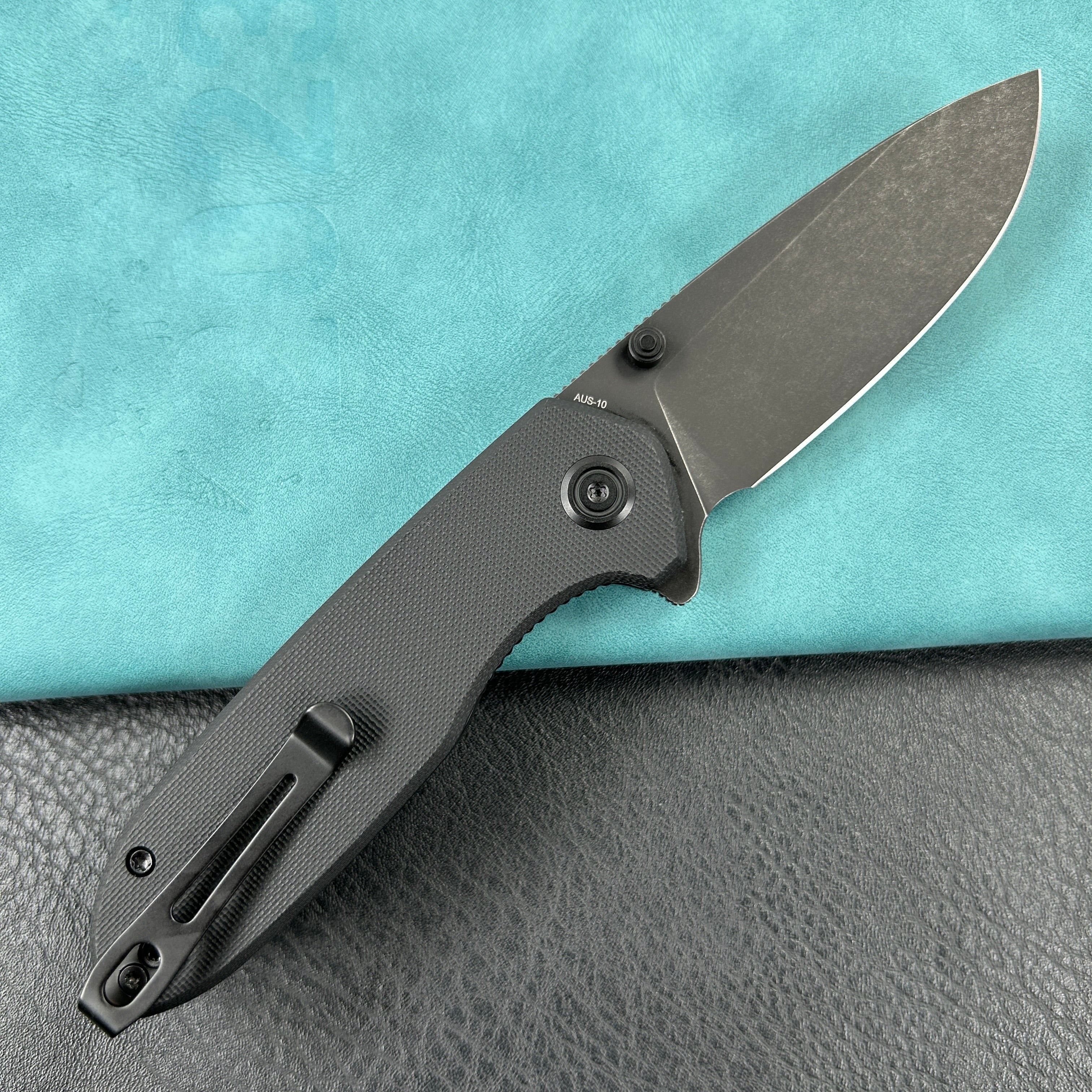 KUBEY KU342E Belus Thumb Stud Everyday Carry Pocket Knife Black  G10 Handle 2.95" Blackwashed AUS-10 Blade