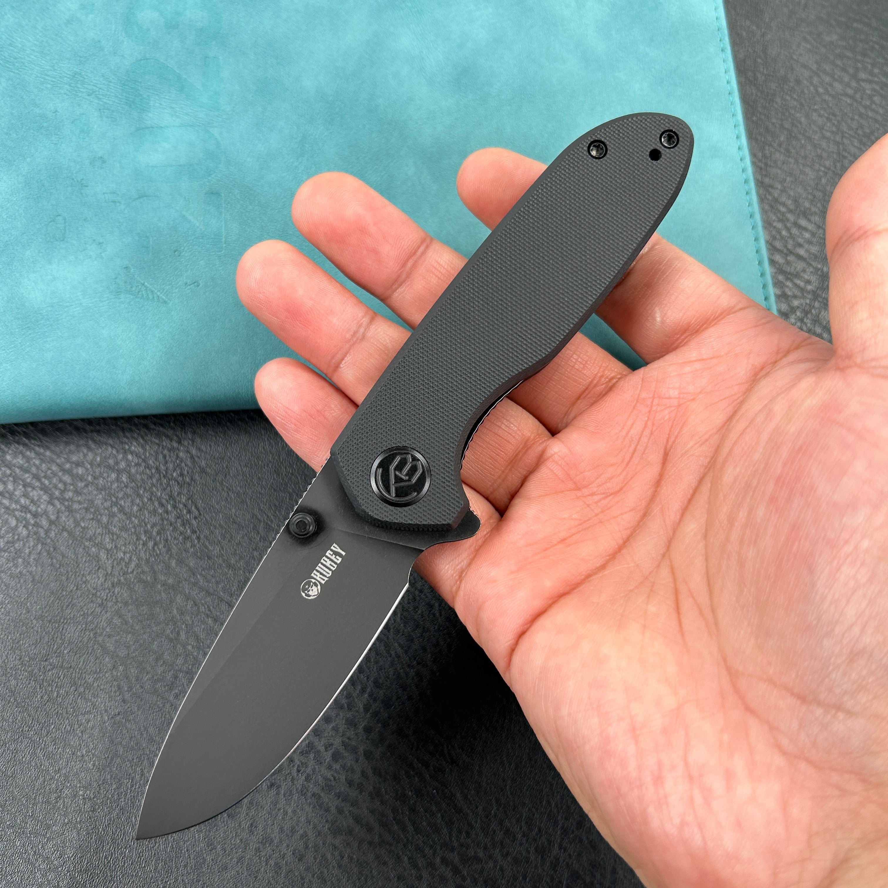 KUBEY KU342E Belus Thumb Stud Everyday Carry Pocket Knife Black  G10 Handle 2.95" Blackwashed AUS-10 Blade