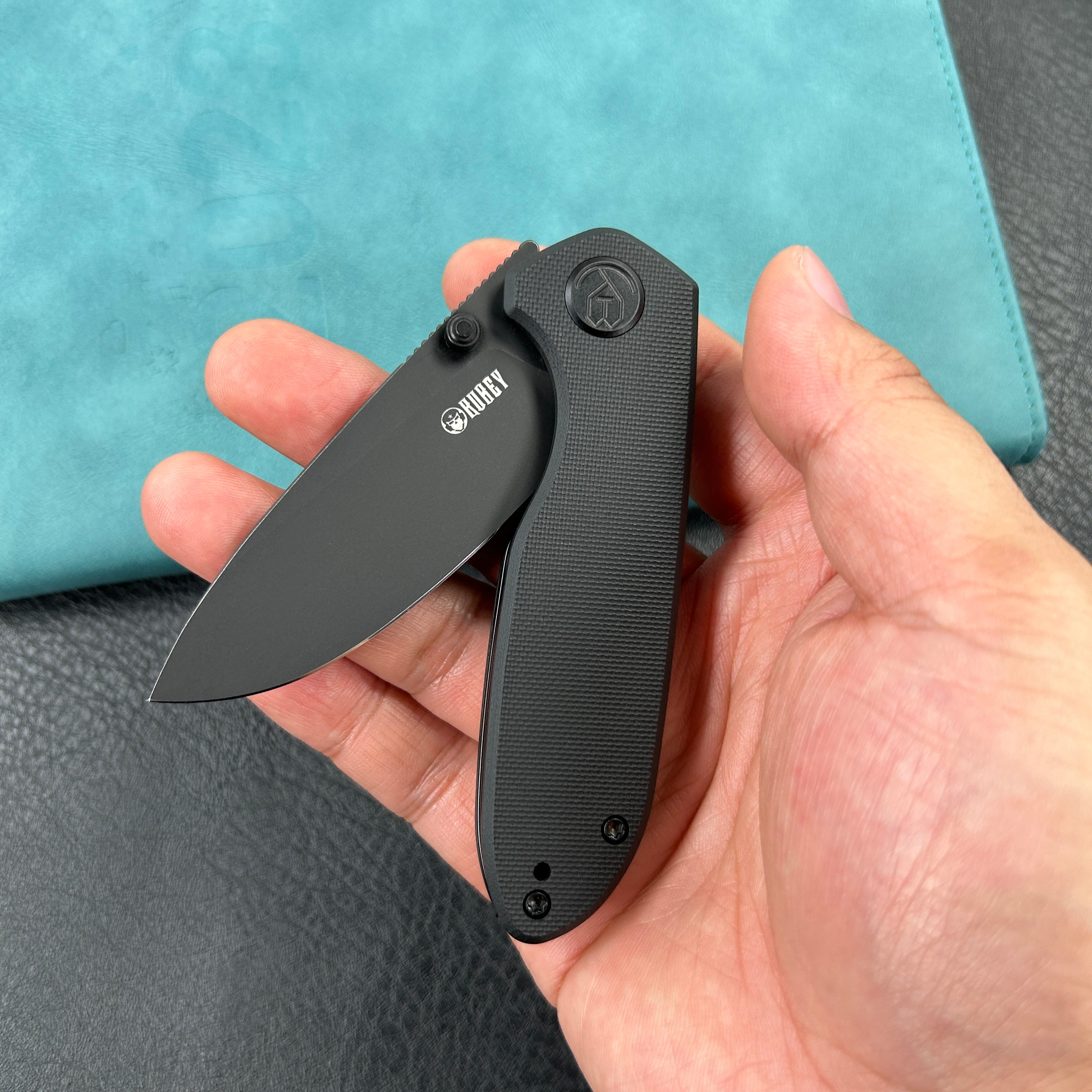 KUBEY KU342E Belus Thumb Stud Everyday Carry Pocket Knife Black  G10 Handle 2.95" Blackwashed AUS-10 Blade