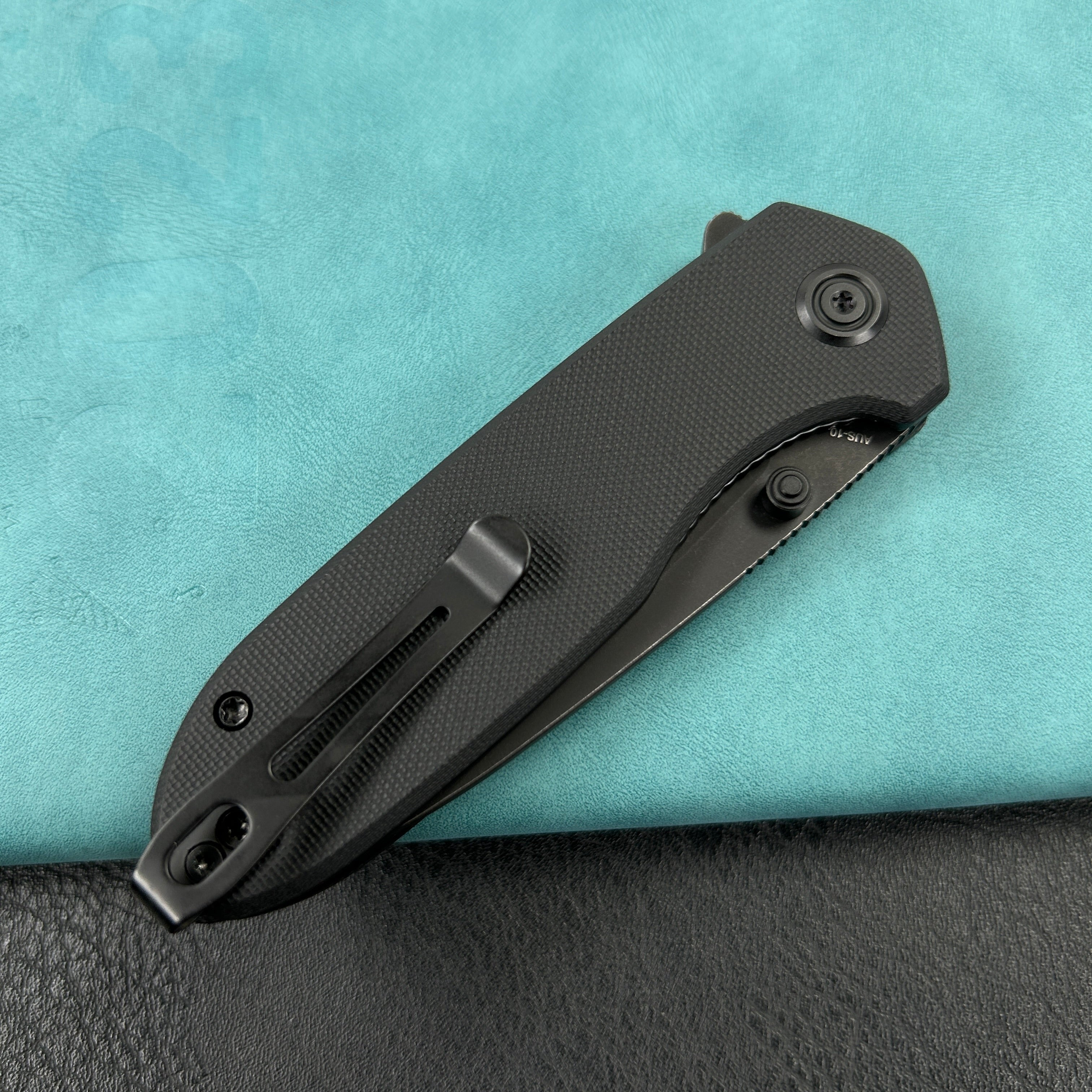 KUBEY KU342E Belus Thumb Stud Everyday Carry Pocket Knife Black  G10 Handle 2.95" Blackwashed AUS-10 Blade