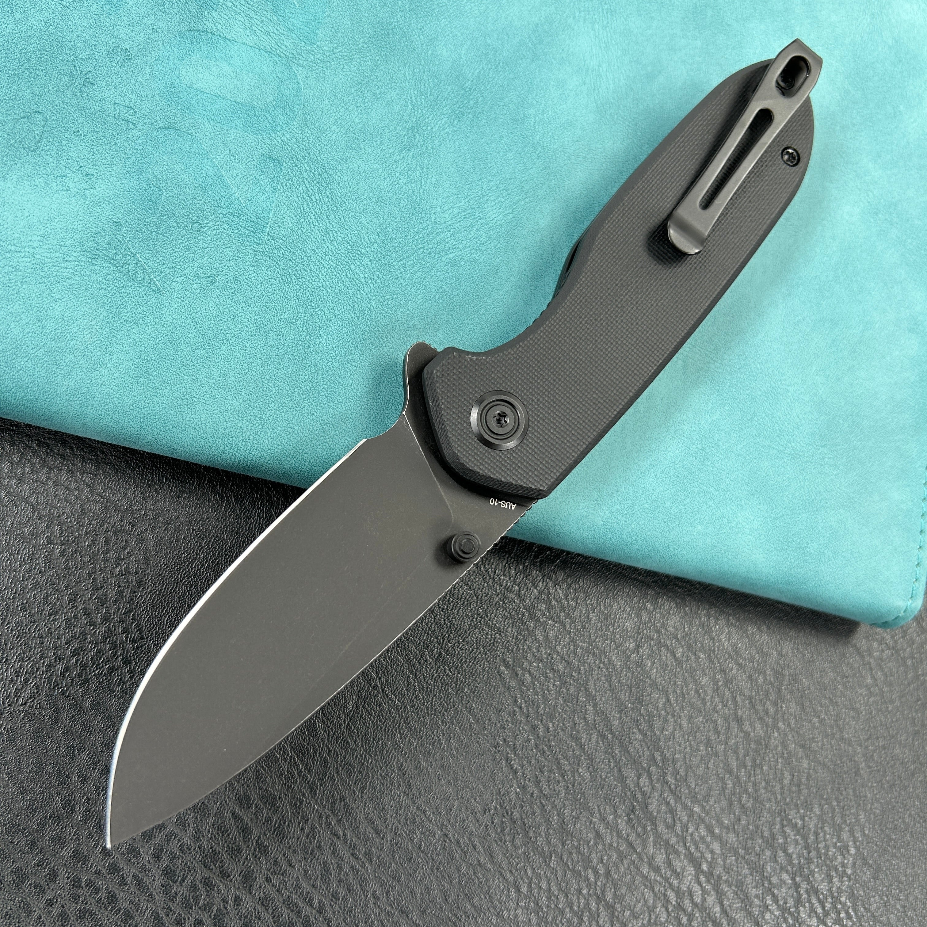 KUBEY KU342E Belus Thumb Stud Everyday Carry Pocket Knife Black  G10 Handle 2.95" Blackwashed AUS-10 Blade