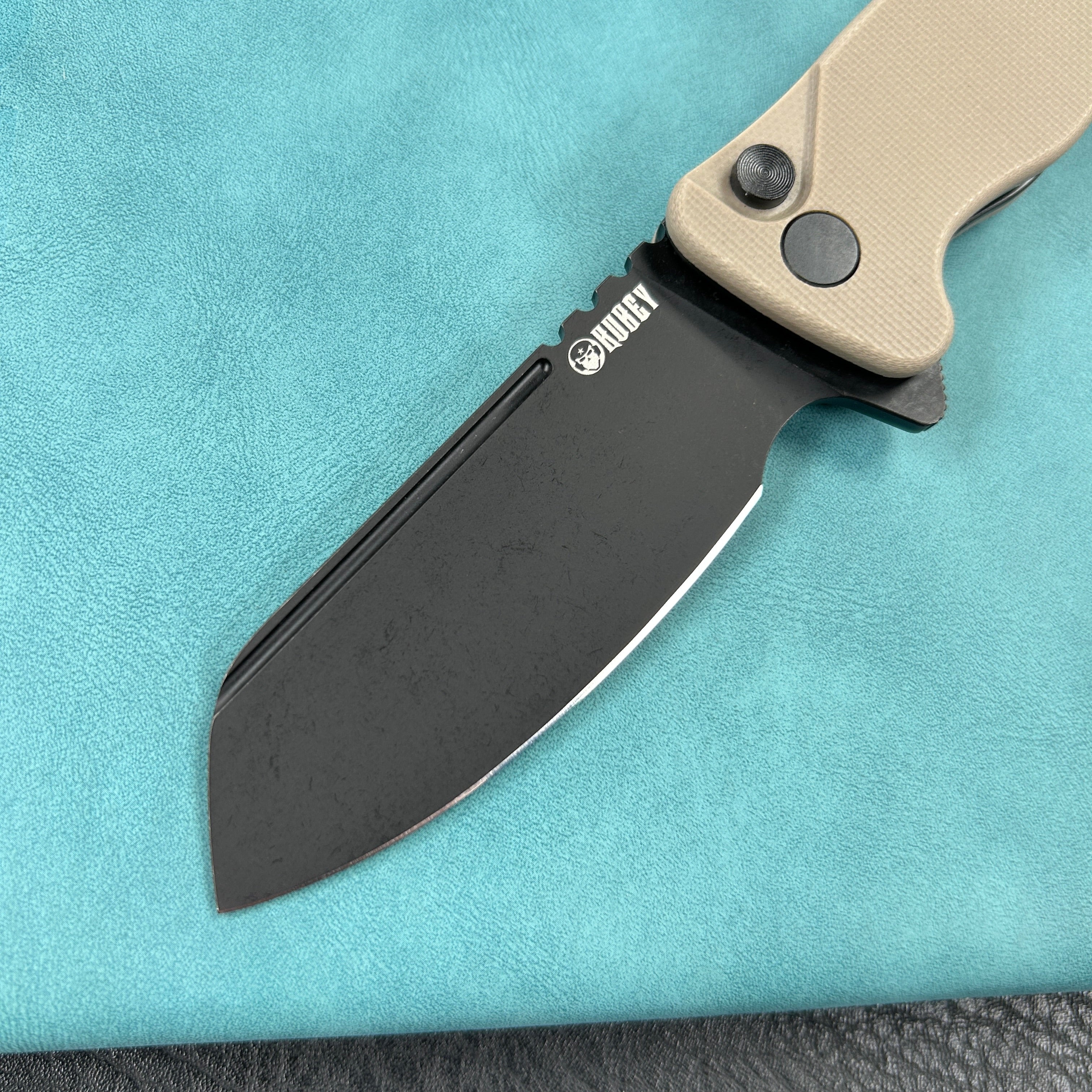 KUBEY KU336I Creon Small Pocket Knife with Button Lock Tan G10 Handle 2.87" Blackwashed AUS-10