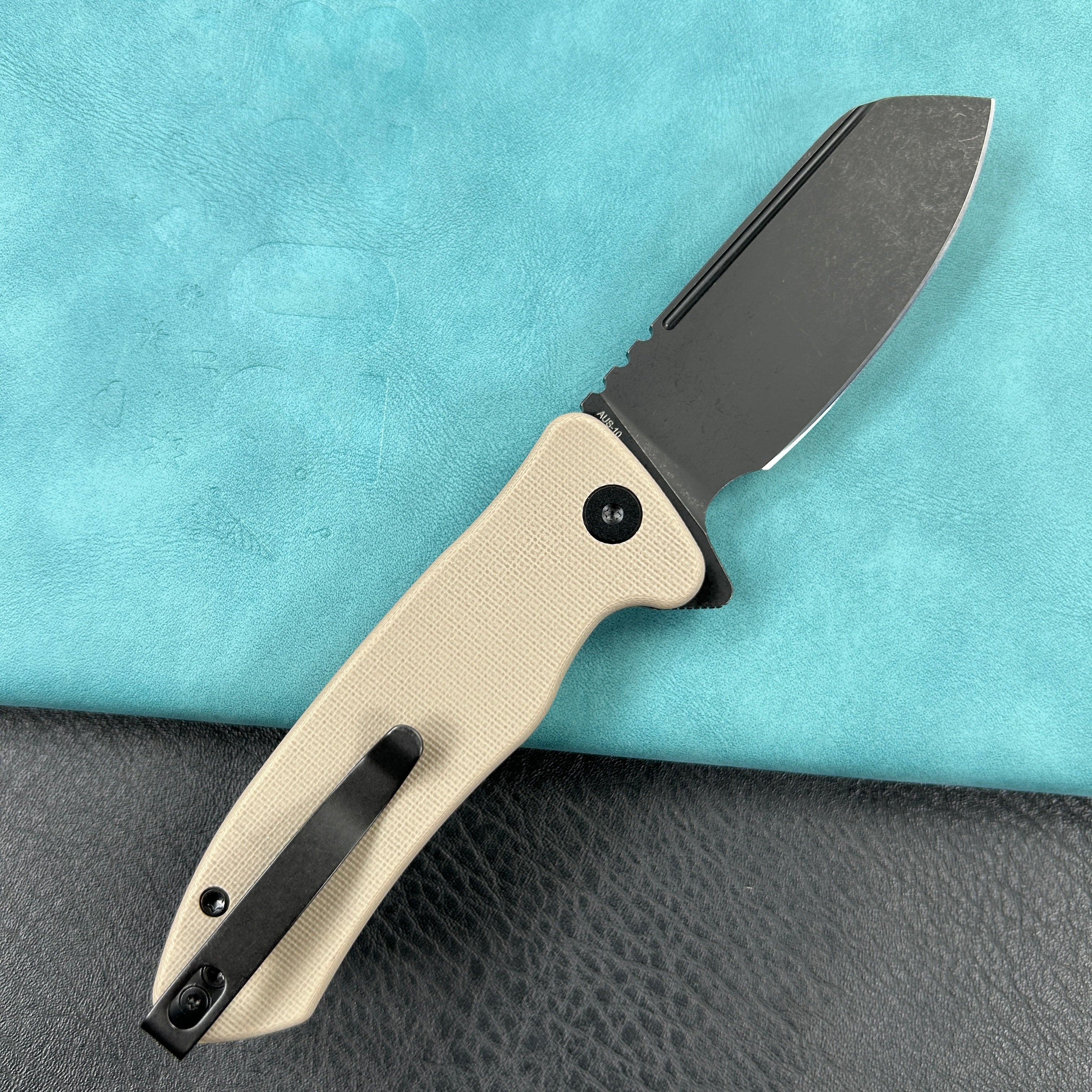 KUBEY KU336I Creon Small Pocket Knife with Button Lock Tan G10 Handle 2.87" Blackwashed AUS-10