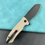 KUBEY KU336I Creon Small Pocket Knife with Button Lock Tan G10 Handle 2.87" Blackwashed AUS-10