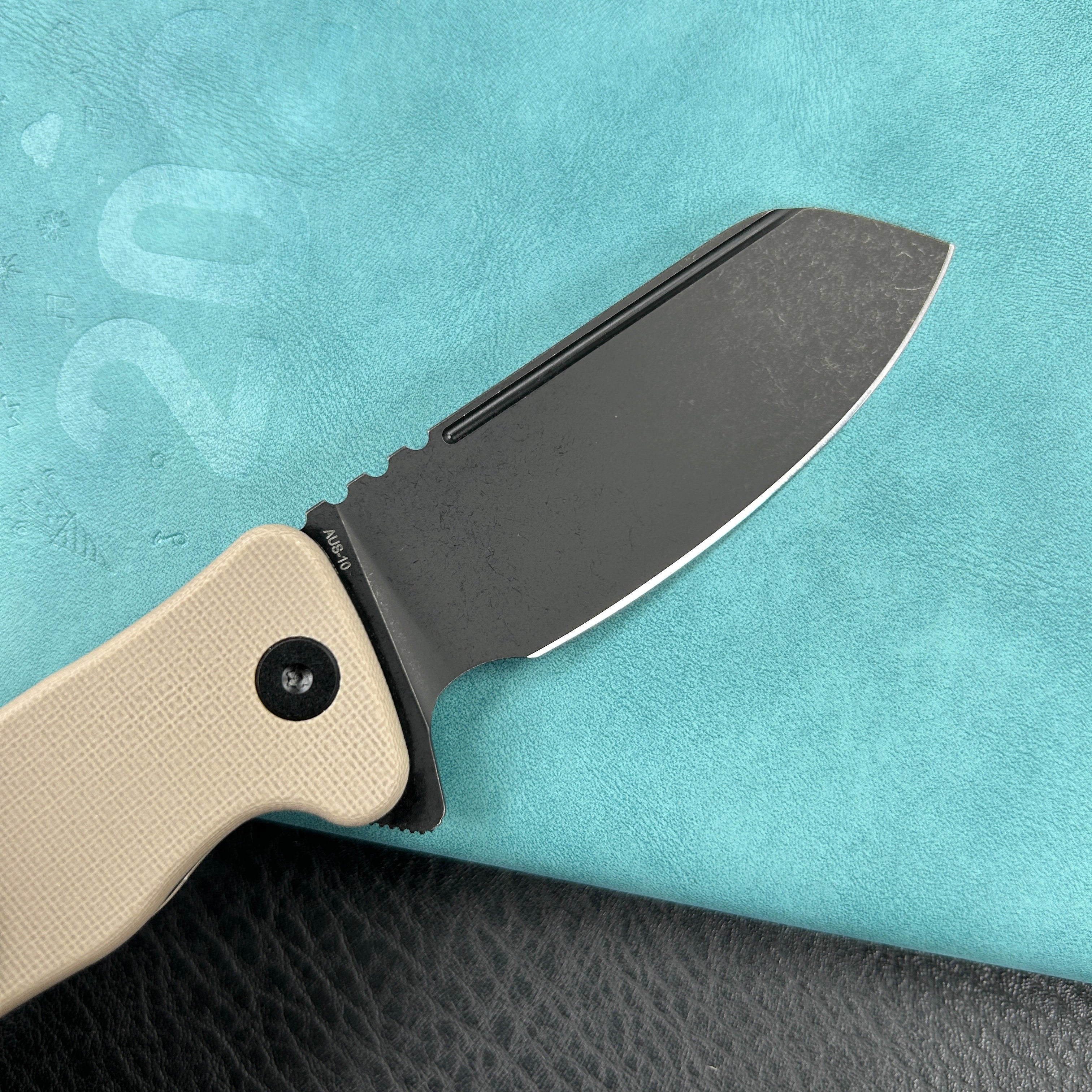 KUBEY KU336I Creon Small Pocket Knife with Button Lock Tan G10 Handle 2.87" Blackwashed AUS-10