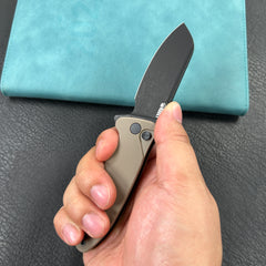 KUBEY KU336I Creon Small Pocket Knife with Button Lock Tan G10 Handle 2.87" Blackwashed AUS-10