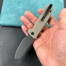 KUBEY KU336I Creon Small Pocket Knife with Button Lock Tan G10 Handle 2.87" Blackwashed AUS-10