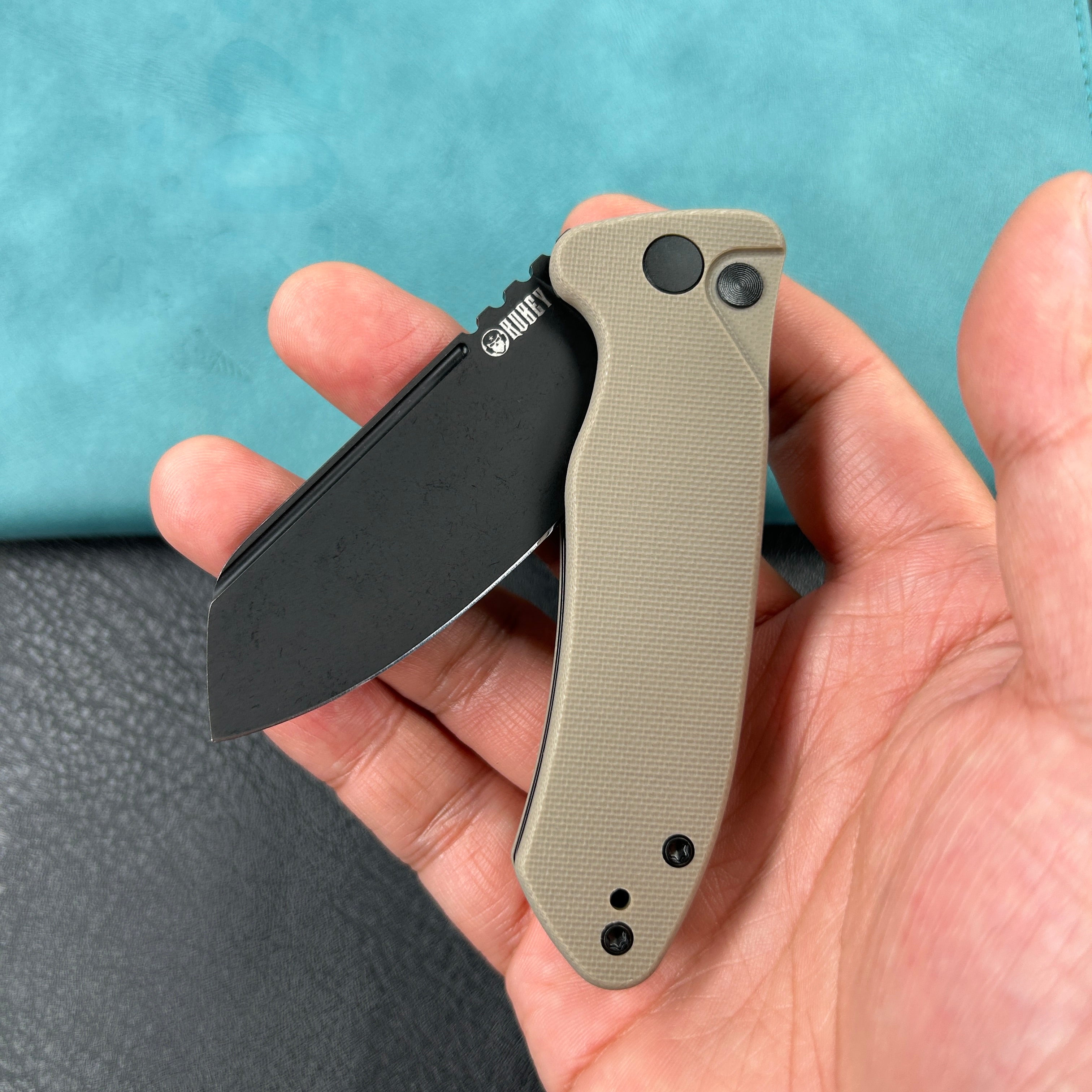 KUBEY KU336I Creon Small Pocket Knife with Button Lock Tan G10 Handle 2.87" Blackwashed AUS-10