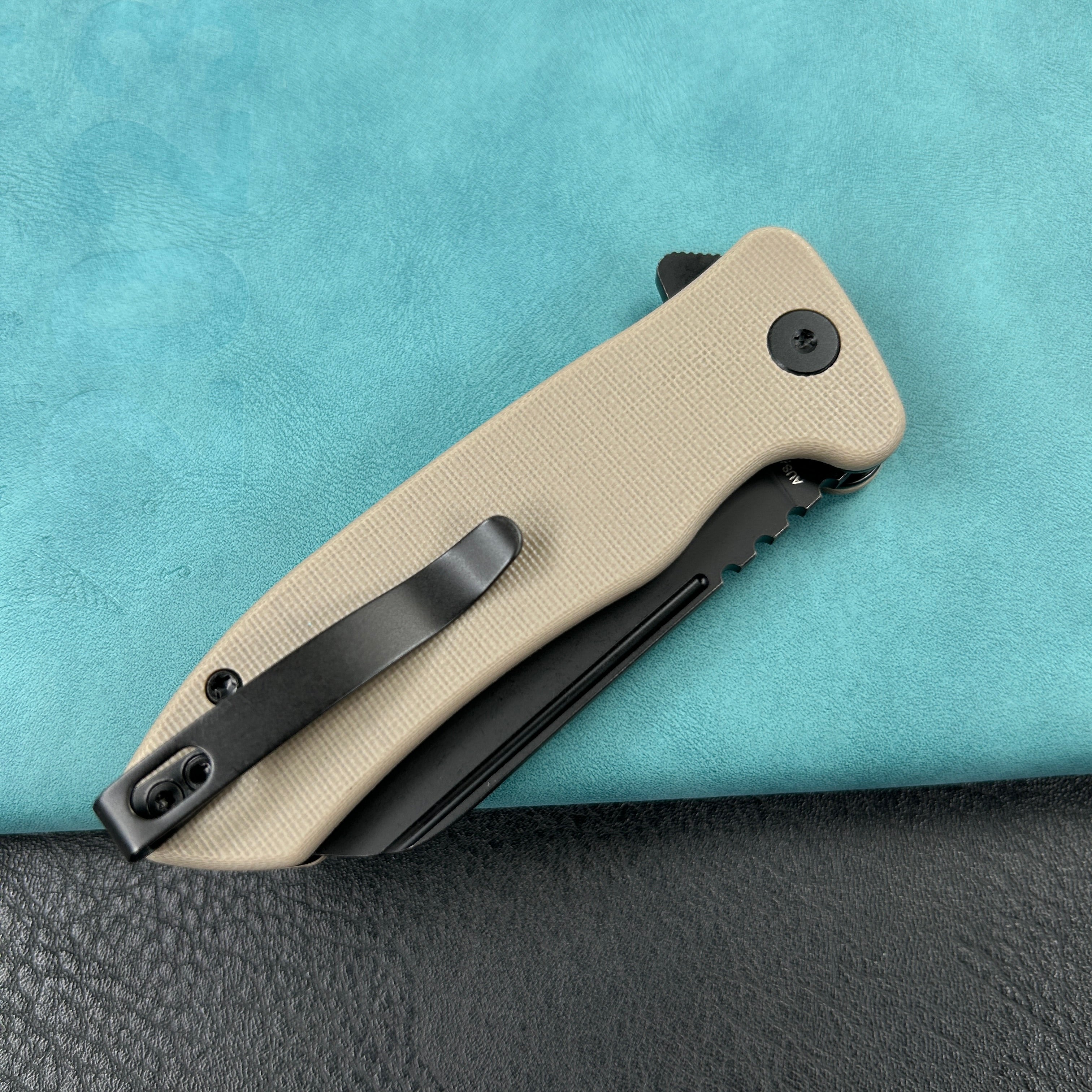 KUBEY KU336I Creon Small Pocket Knife with Button Lock Tan G10 Handle 2.87" Blackwashed AUS-10