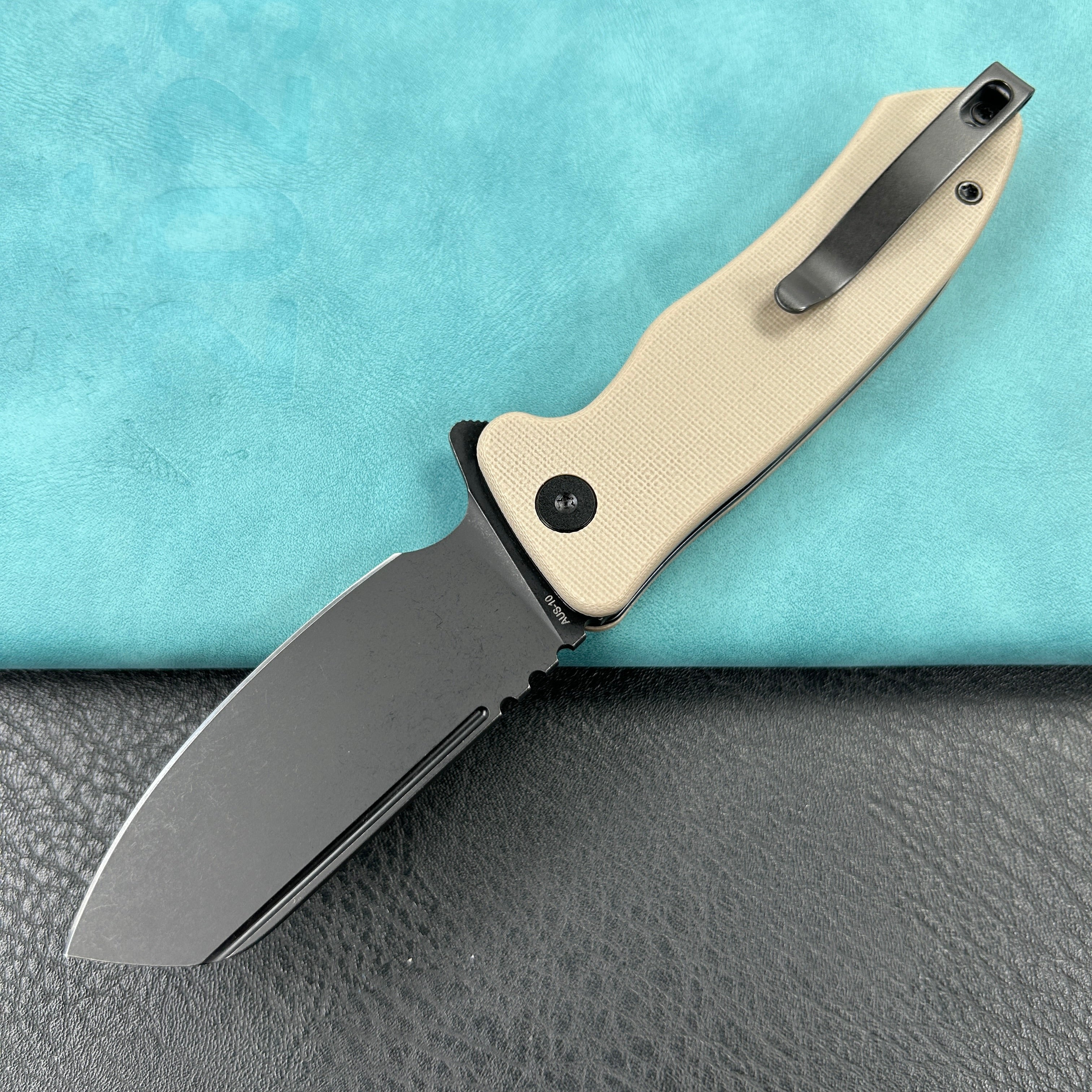 KUBEY KU336I Creon Small Pocket Knife with Button Lock Tan G10 Handle 2.87" Blackwashed AUS-10