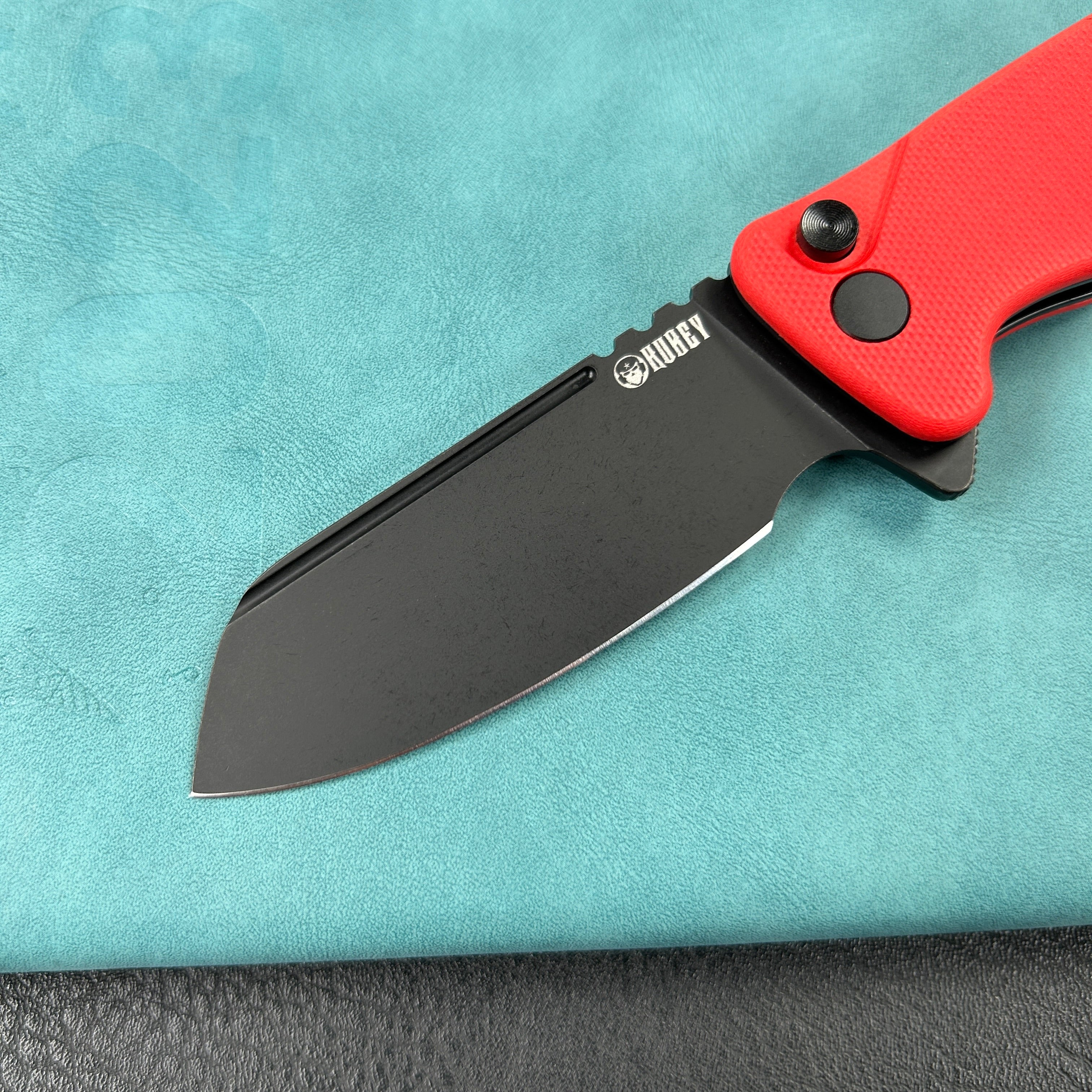 KUBEY KU336H  Creon Small Pocket Knife with Button Lock Red G10 Handle 2.87" Blackwashed AUS-10