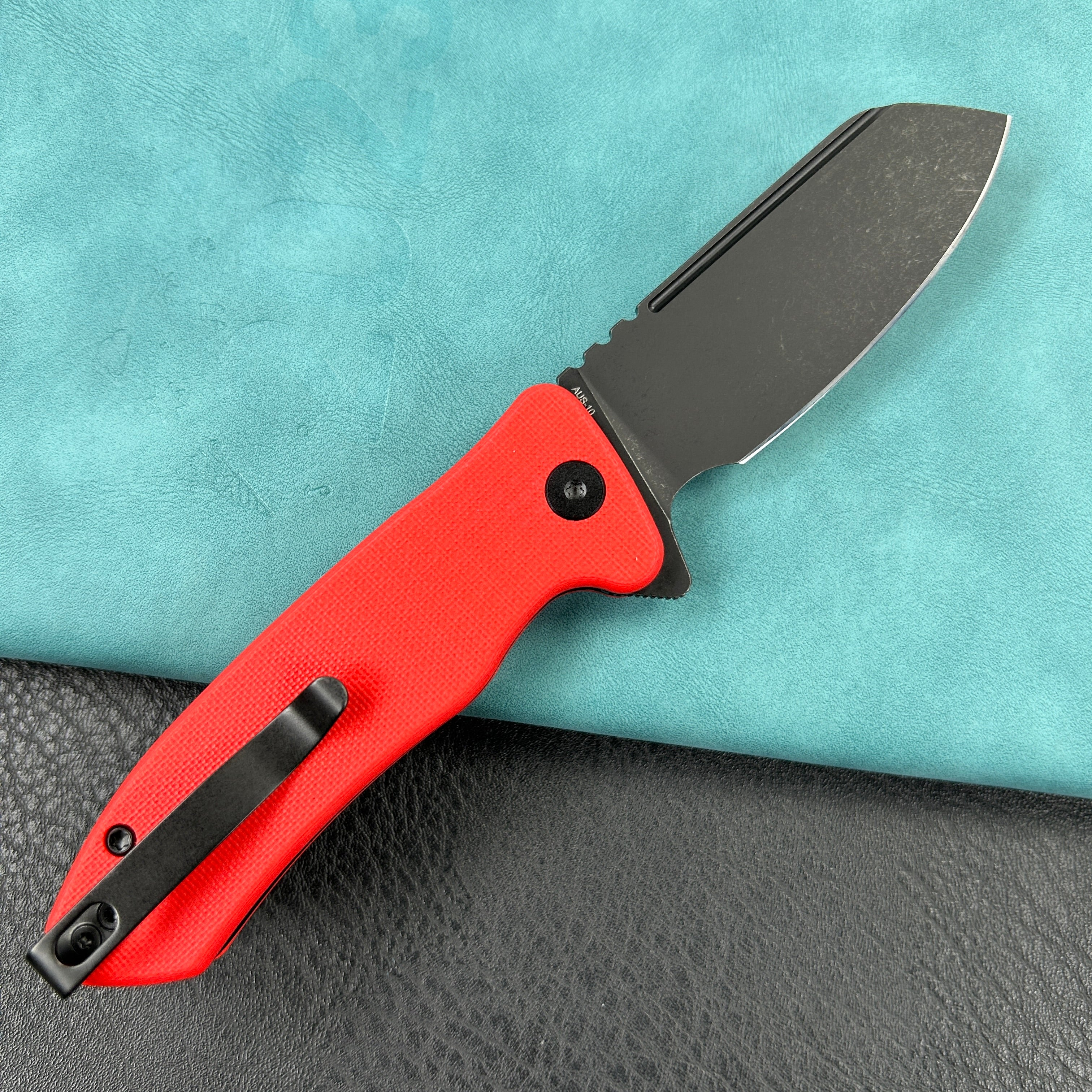 KUBEY KU336H  Creon Small Pocket Knife with Button Lock Red G10 Handle 2.87" Blackwashed AUS-10