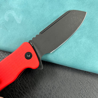 KUBEY KU336H  Creon Small Pocket Knife with Button Lock Red G10 Handle 2.87" Blackwashed AUS-10