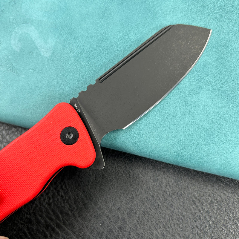 KUBEY KU336H  Creon Small Pocket Knife with Button Lock Red G10 Handle 2.87" Blackwashed AUS-10