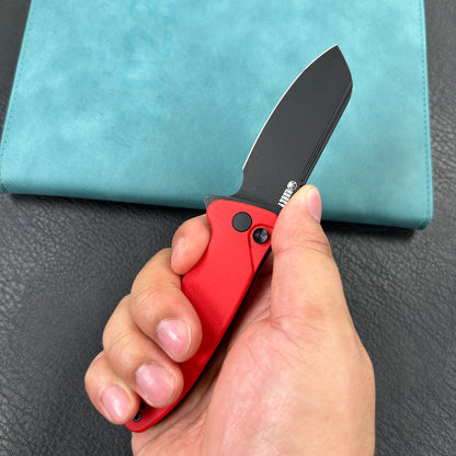KUBEY KU336H  Creon Small Pocket Knife with Button Lock Red G10 Handle 2.87" Blackwashed AUS-10