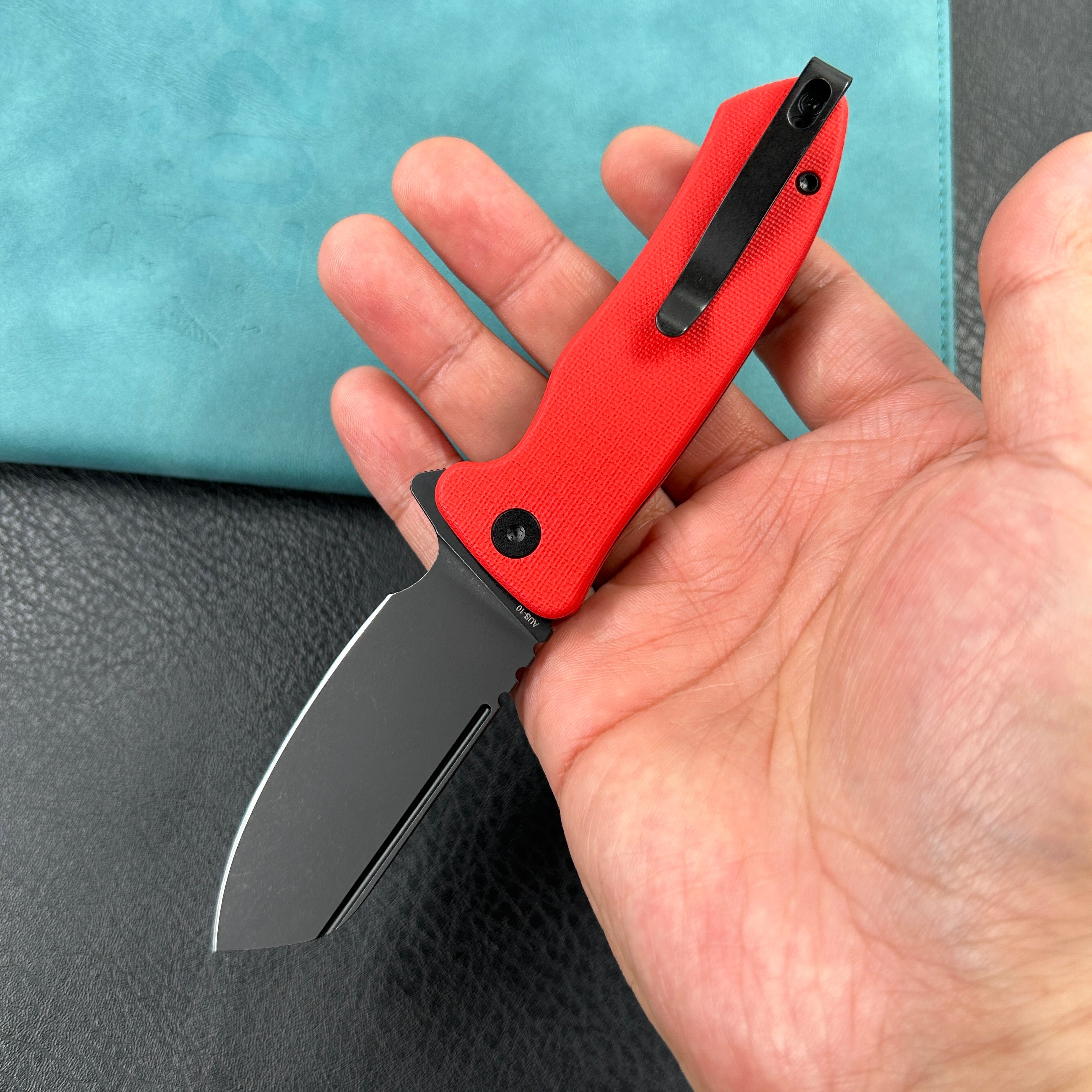 KUBEY KU336H  Creon Small Pocket Knife with Button Lock Red G10 Handle 2.87" Blackwashed AUS-10