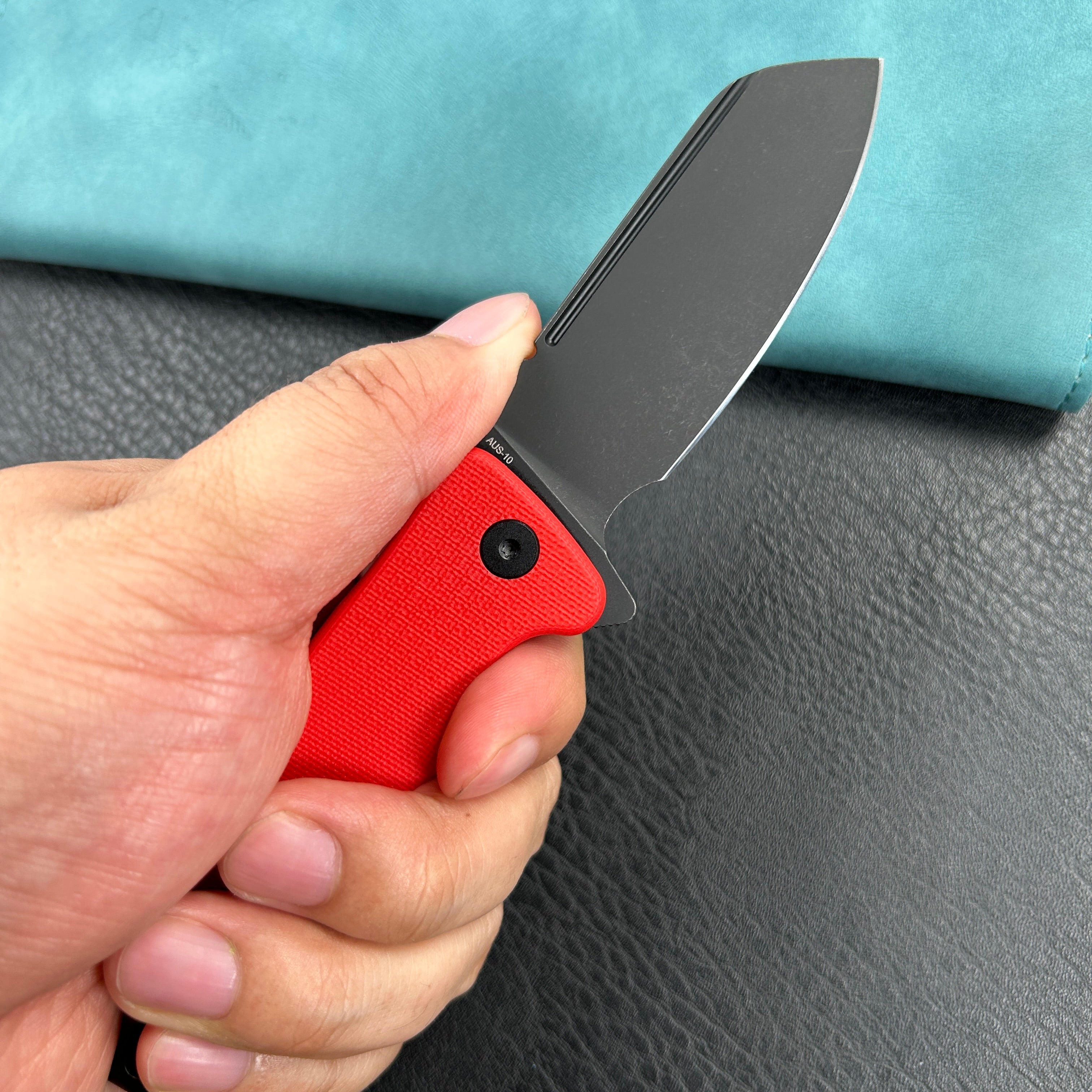 KUBEY KU336H  Creon Small Pocket Knife with Button Lock Red G10 Handle 2.87" Blackwashed AUS-10