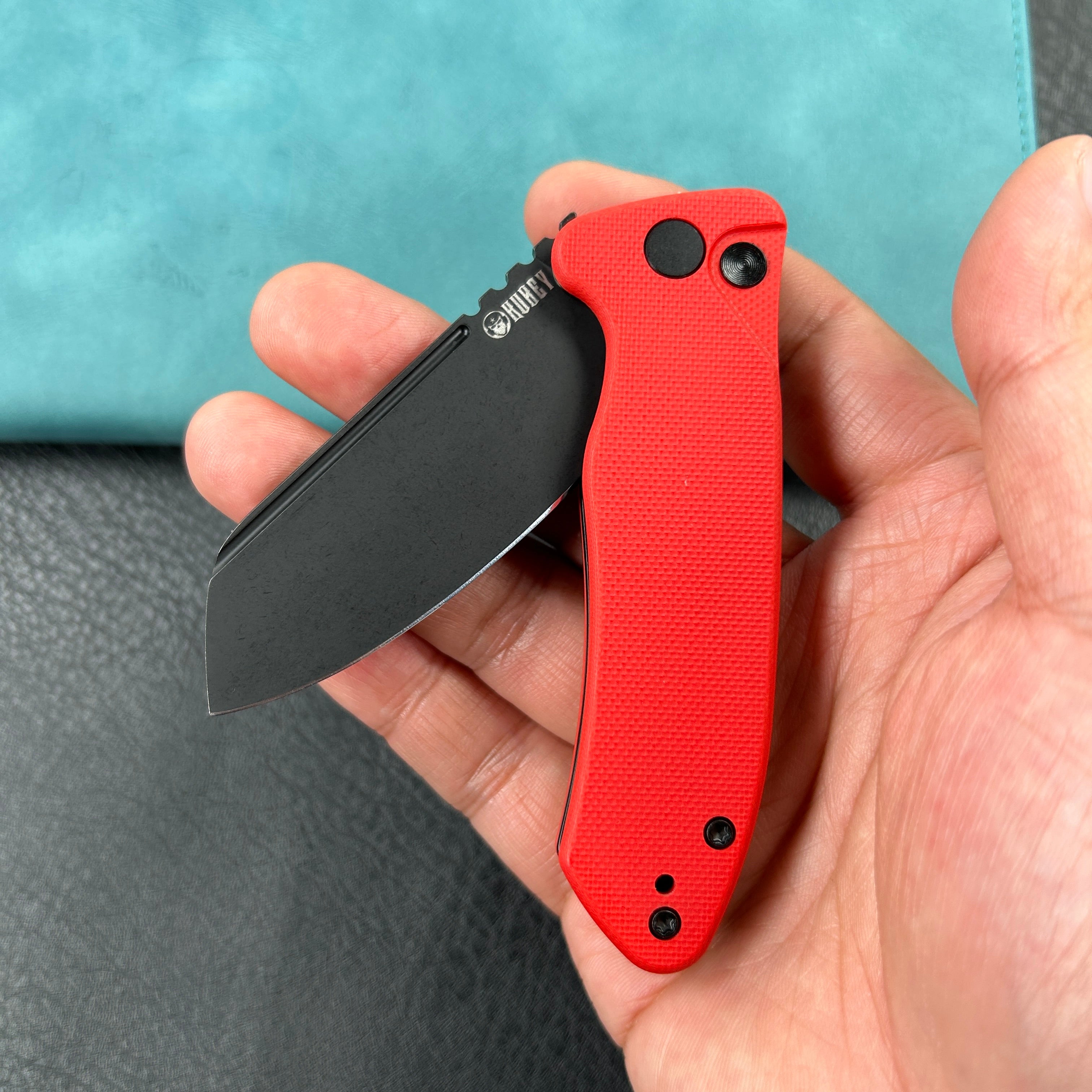 KUBEY KU336H  Creon Small Pocket Knife with Button Lock Red G10 Handle 2.87" Blackwashed AUS-10