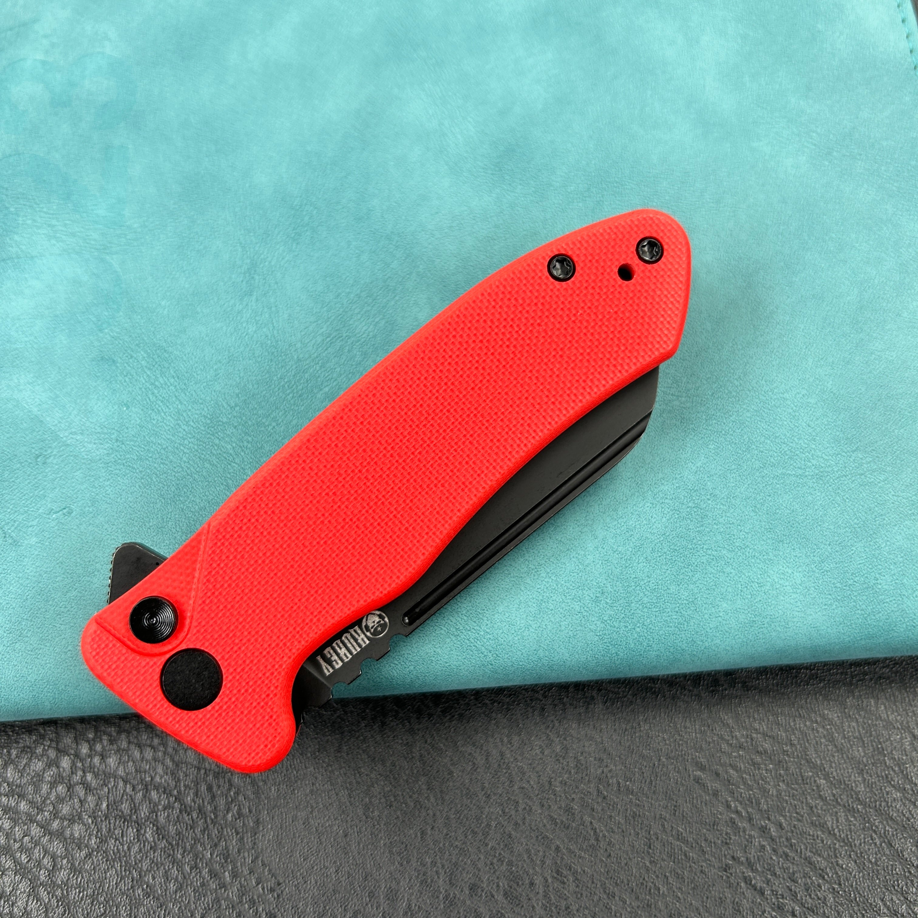 KUBEY KU336H  Creon Small Pocket Knife with Button Lock Red G10 Handle 2.87" Blackwashed AUS-10