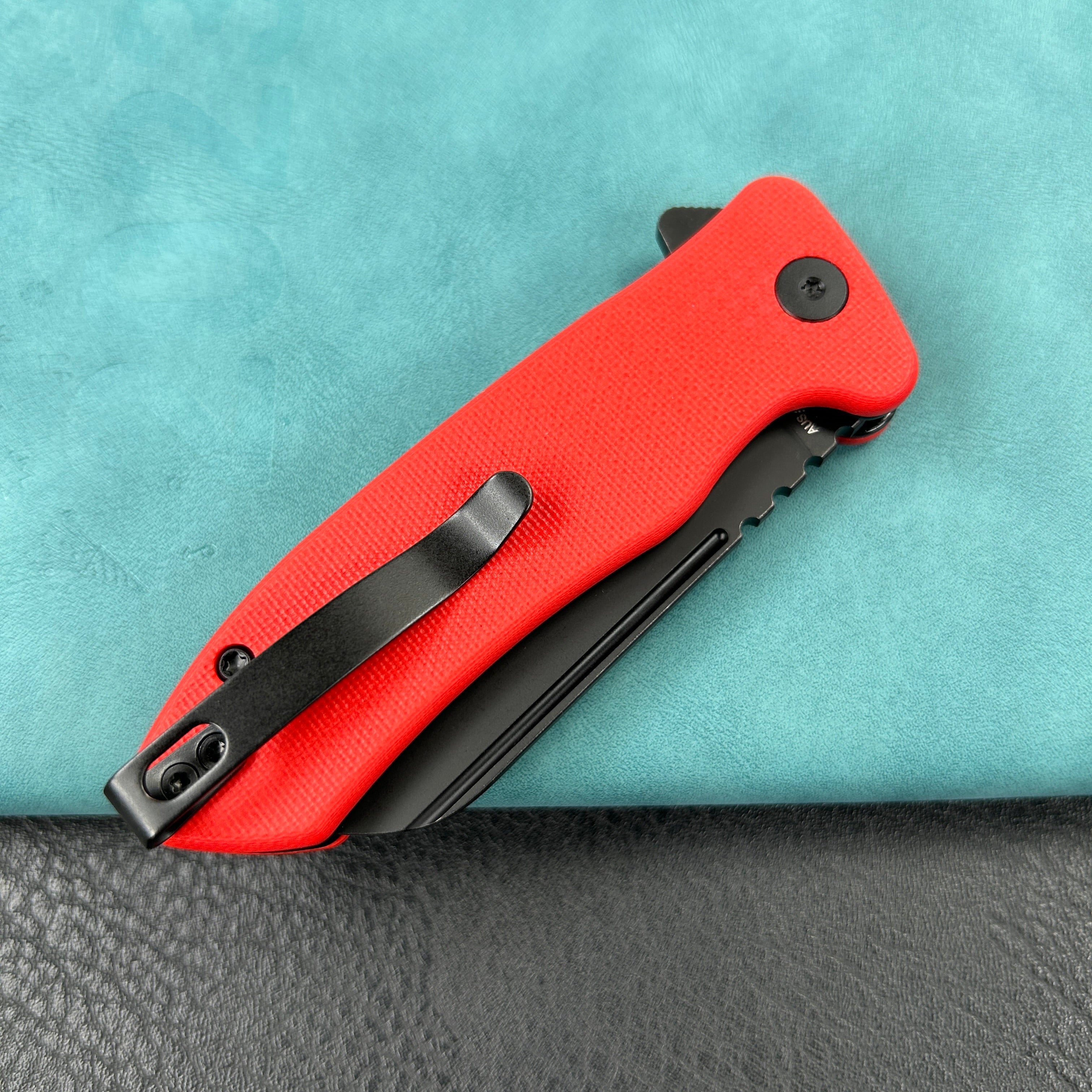 KUBEY KU336H  Creon Small Pocket Knife with Button Lock Red G10 Handle 2.87" Blackwashed AUS-10