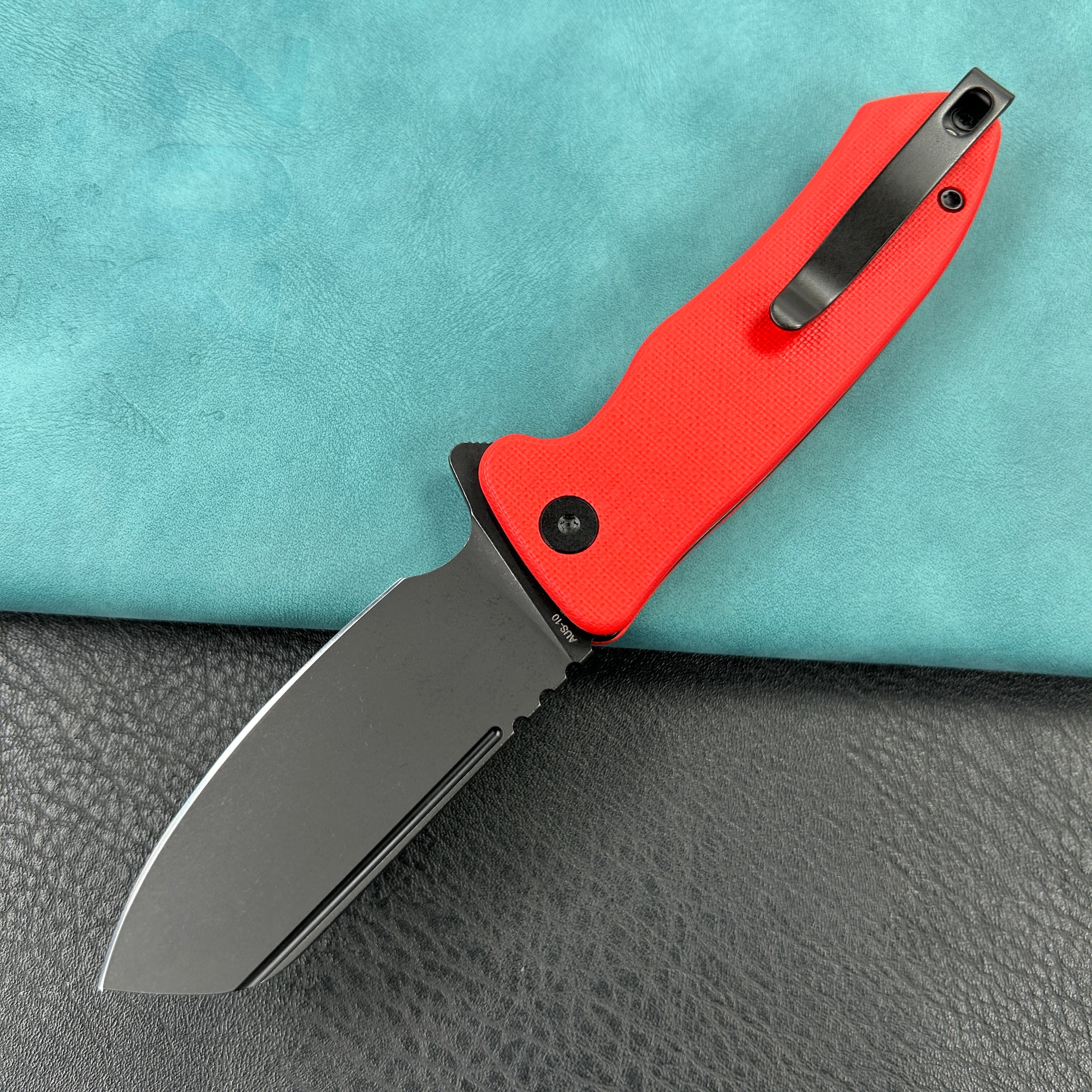 KUBEY KU336H  Creon Small Pocket Knife with Button Lock Red G10 Handle 2.87" Blackwashed AUS-10