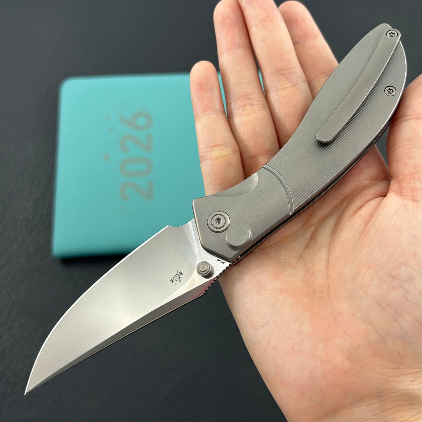 KB KNIVES KB264A Stingray Button Lock Folding Knife Gray Titanium Handle 3.07" Clip Point Bead Blasted M390 Blade