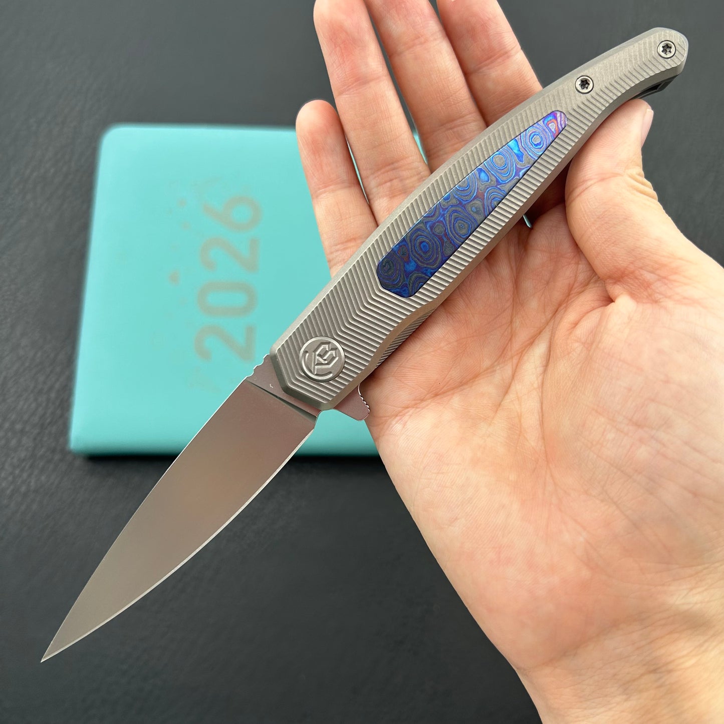 KB KNIVES KB456B Mos Folding Knife Sandblasting Titanium Micro Milling with Zircuti inlay Handle 3.27'' Silver Bead Blasting M390
