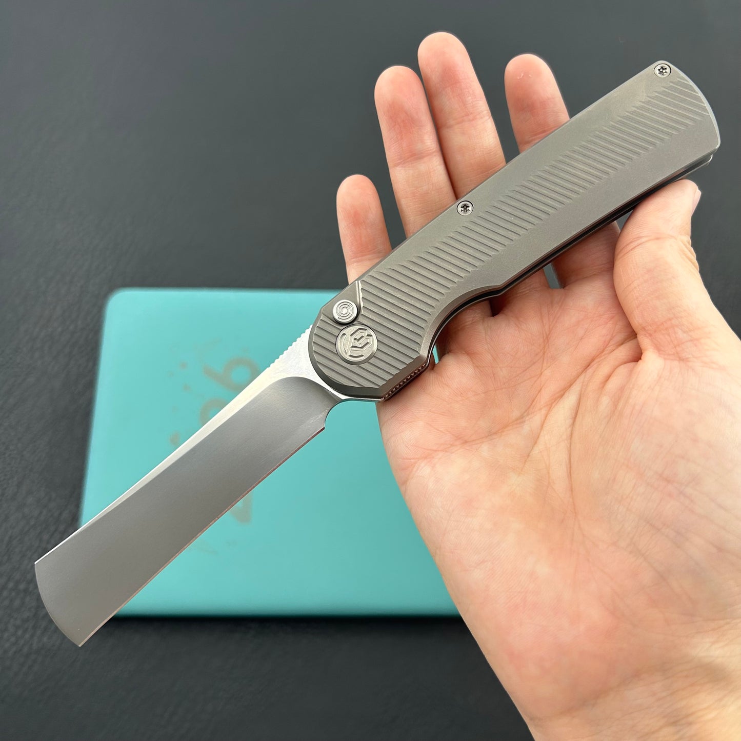 KB KNIVES KB380A Ikul Button Lock Folding Knife Gray Titanium Micro Milling 3.34'' Razor Bead Blasted M390 Blade