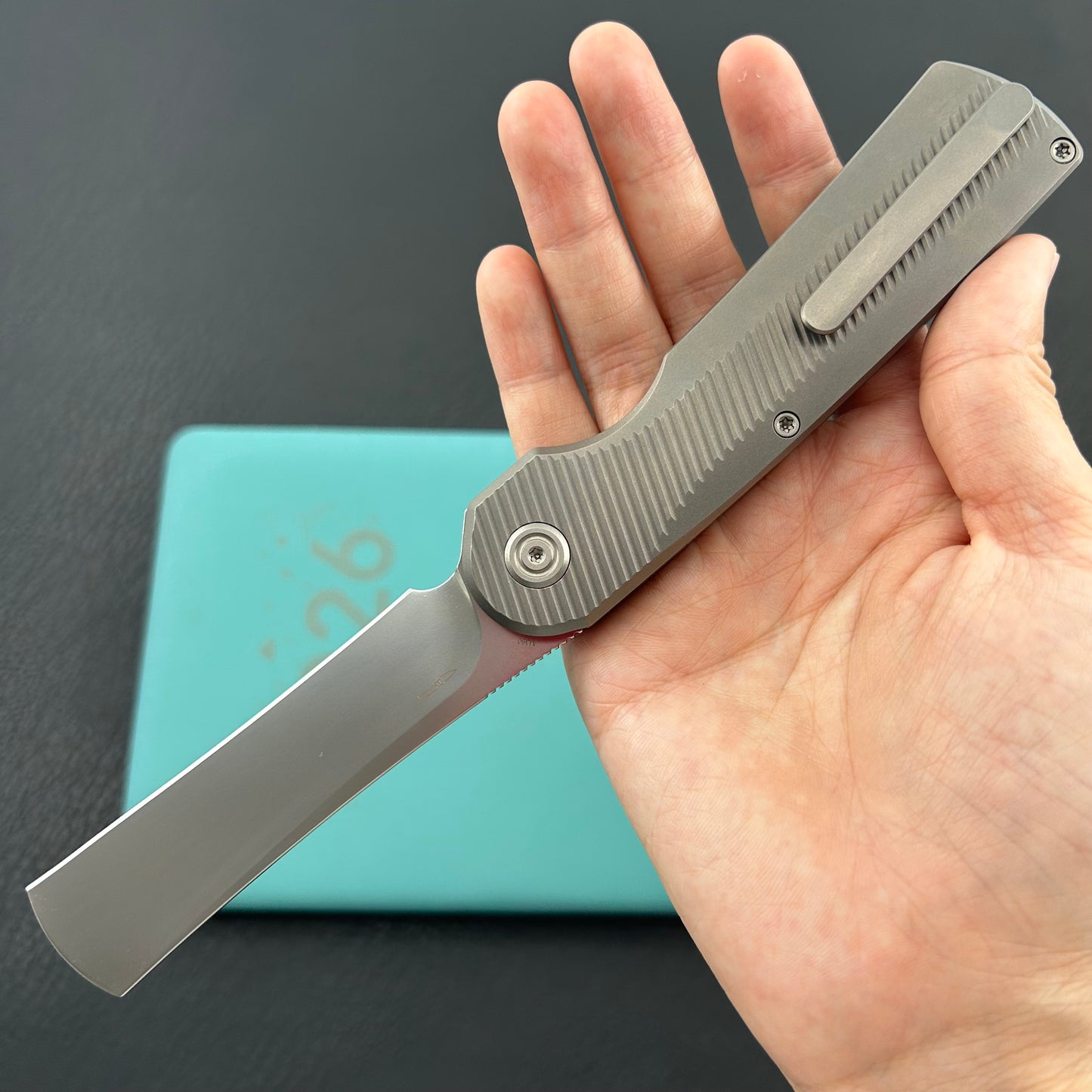 KB KNIVES KB380A Ikul Button Lock Folding Knife Gray Titanium Micro Milling 3.34'' Razor Bead Blasted M390 Blade
