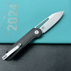 KUBEY KU321P Royal CM Designs EDC Pocket Knife Front Flipper Black G10 Handle 2.99" Stonewash 14C28N