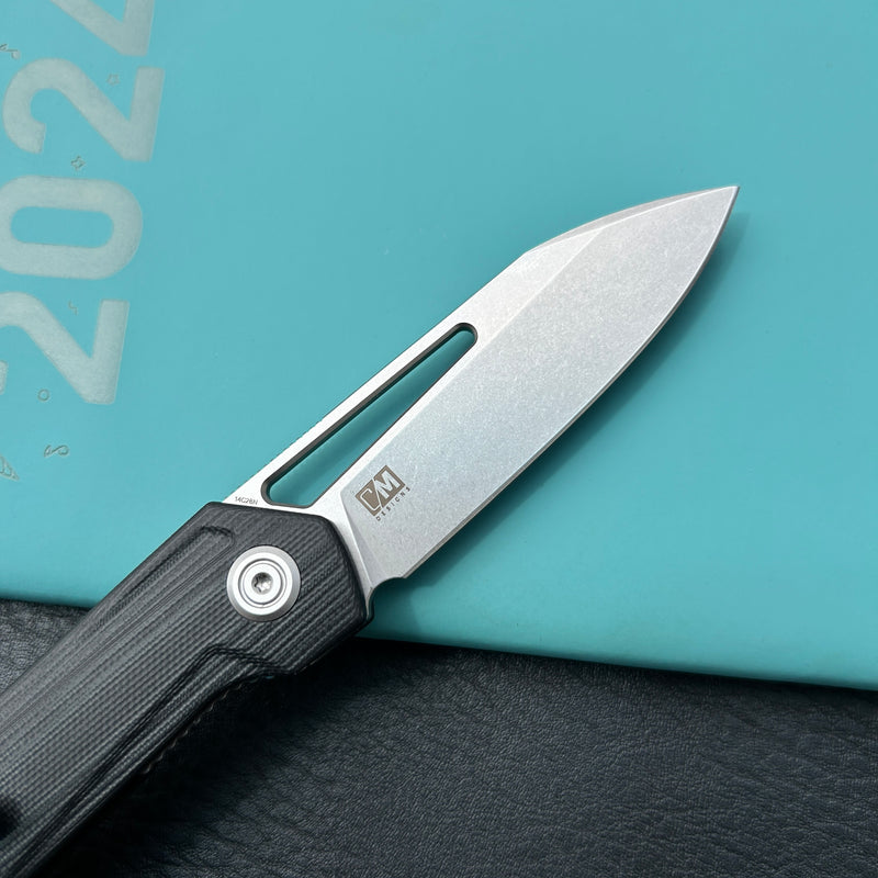 KUBEY KU321P Royal CM Designs EDC Pocket Knife Front Flipper Black G10 Handle 2.99" Stonewash 14C28N