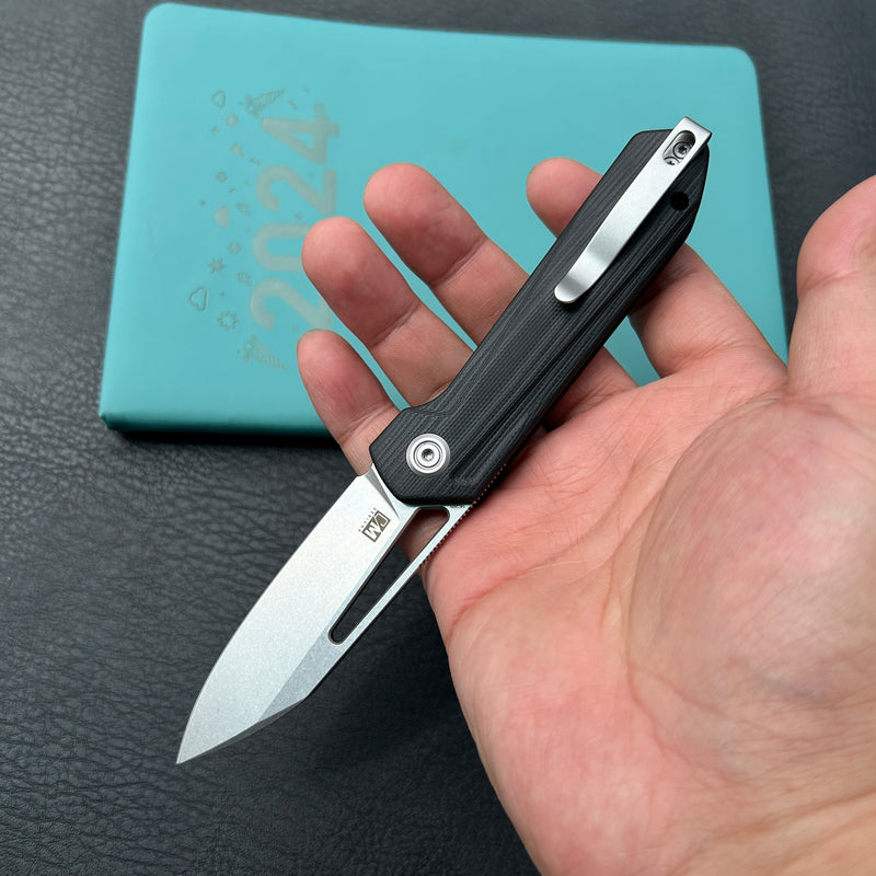 KUBEY KU321P Royal CM Designs EDC Pocket Knife Front Flipper Black G10 Handle 2.99" Stonewash 14C28N