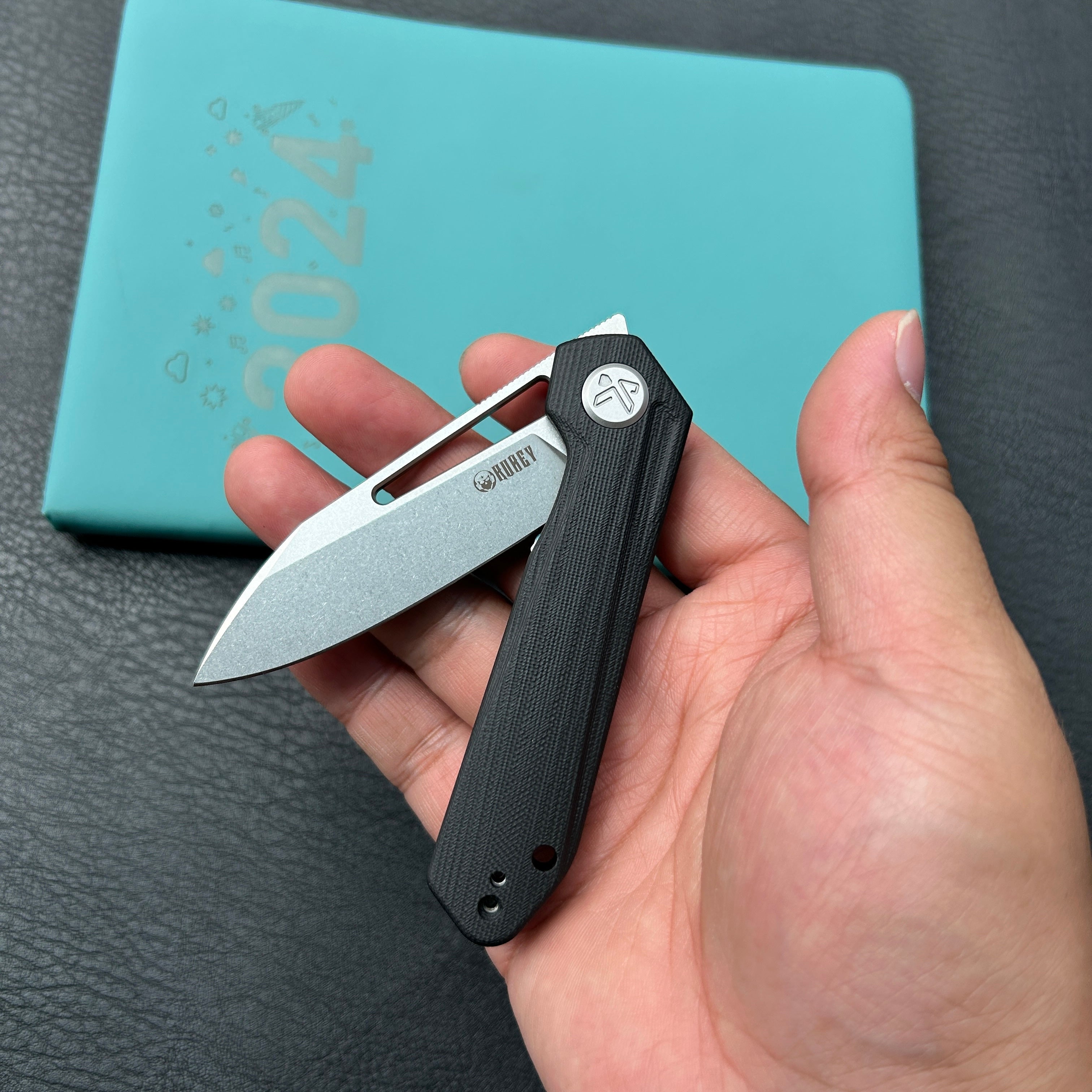 KUBEY KU321P Royal CM Designs EDC Pocket Knife Front Flipper Black G10 Handle 2.99" Stonewash 14C28N