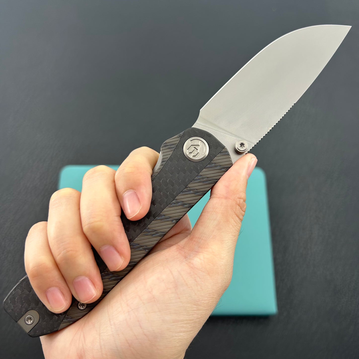 KB KNIVES KB431B Zephyr Folding Pocket Knife Flamed Titanium with Wave CF Inlay 4.65" Silver Beadblast M390