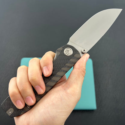 KB KNIVES KB431B Zephyr Folding Pocket Knife Flamed Titanium with Wave CF Inlay 4.65" Silver Beadblast M390