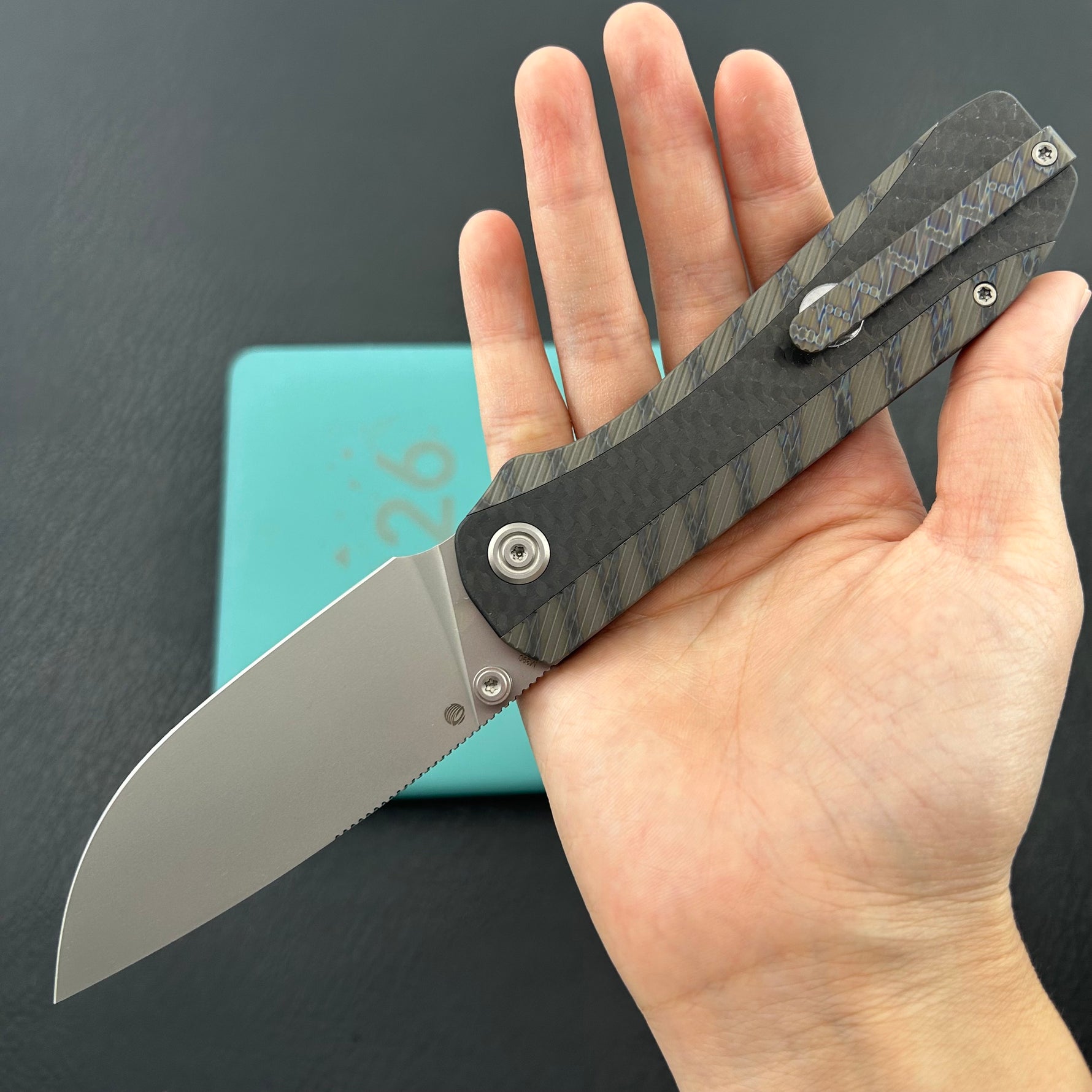KB KNIVES KB431B Zephyr Folding Pocket Knife Flamed Titanium with Wave CF Inlay 4.65" Silver Beadblast M390