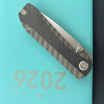 KB KNIVES KB431B Zephyr Folding Pocket Knife Flamed Titanium with Wave CF Inlay 4.65" Silver Beadblast M390