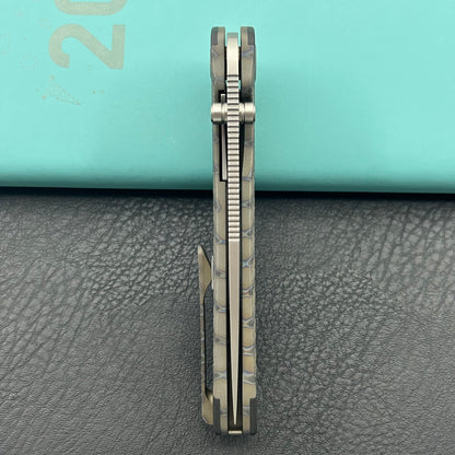 KB KNIVES KB431B Zephyr Folding Pocket Knife Flamed Titanium with Wave CF Inlay 4.65" Silver Beadblast M390