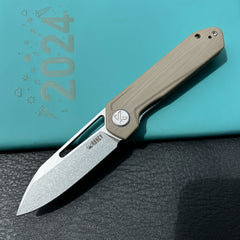 KUBEY KU321Q Royal CM Designs EDC Pocket Knife Front Flipper Tan G10 Handle 2.99" Stonewash 14C28N