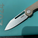 KUBEY KU321Q Royal CM Designs EDC Pocket Knife Front Flipper Tan G10 Handle 2.99" Stonewash 14C28N