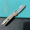 KUBEY KU321Q Royal CM Designs EDC Pocket Knife Front Flipper Tan G10 Handle 2.99" Stonewash 14C28N