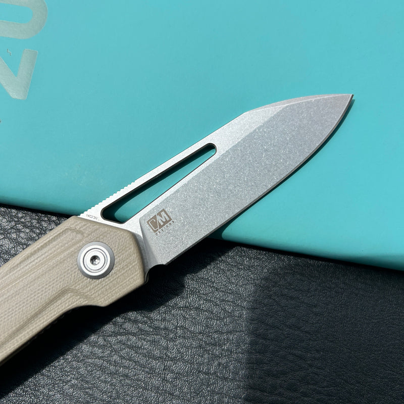 KUBEY KU321Q Royal CM Designs EDC Pocket Knife Front Flipper Tan G10 Handle 2.99" Stonewash 14C28N