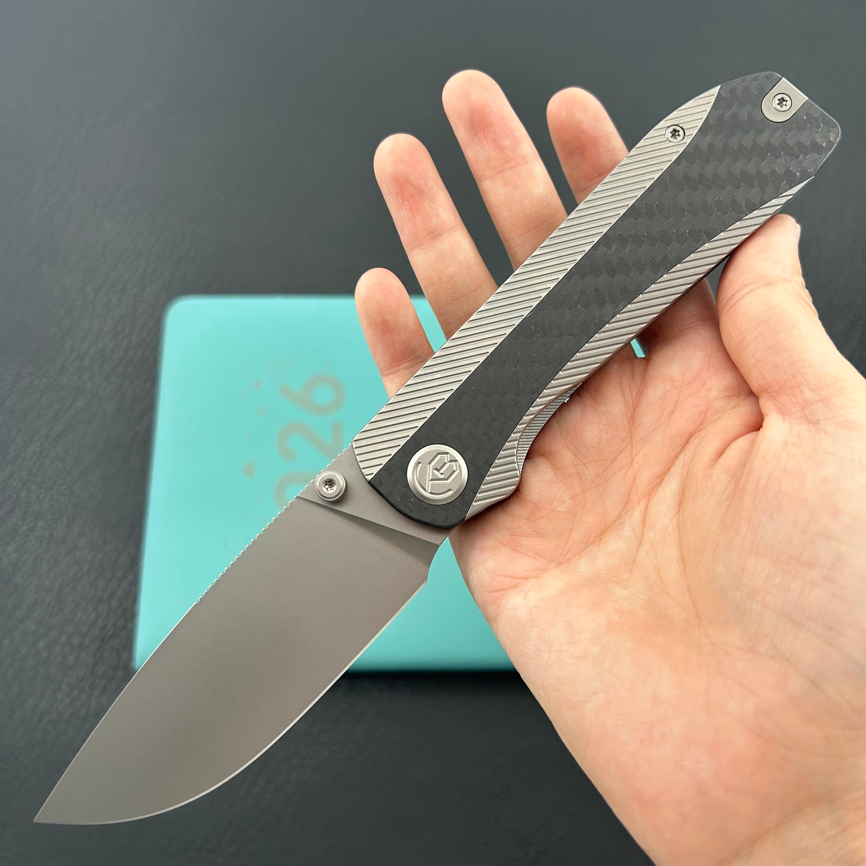 KB KNIVES KB431A  Zephyr Folding Pocket Knife Gray Titanium with Wave CF Inlay 4.65" Silver Beadblast M390