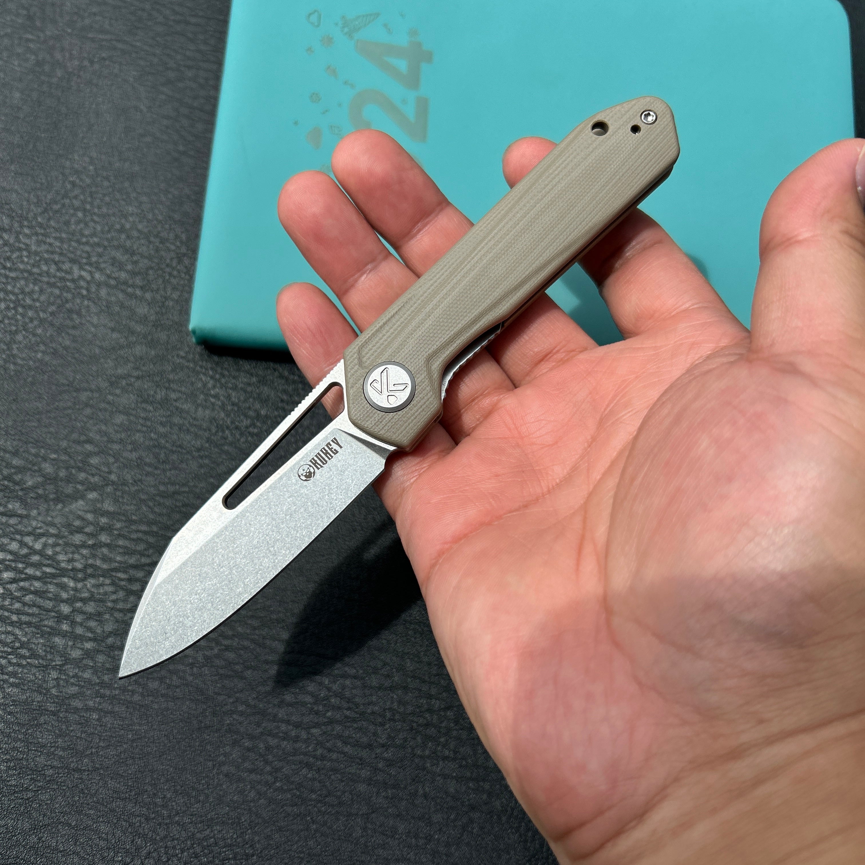 KUBEY KU321Q Royal CM Designs EDC Pocket Knife Front Flipper Tan G10 Handle 2.99" Stonewash 14C28N