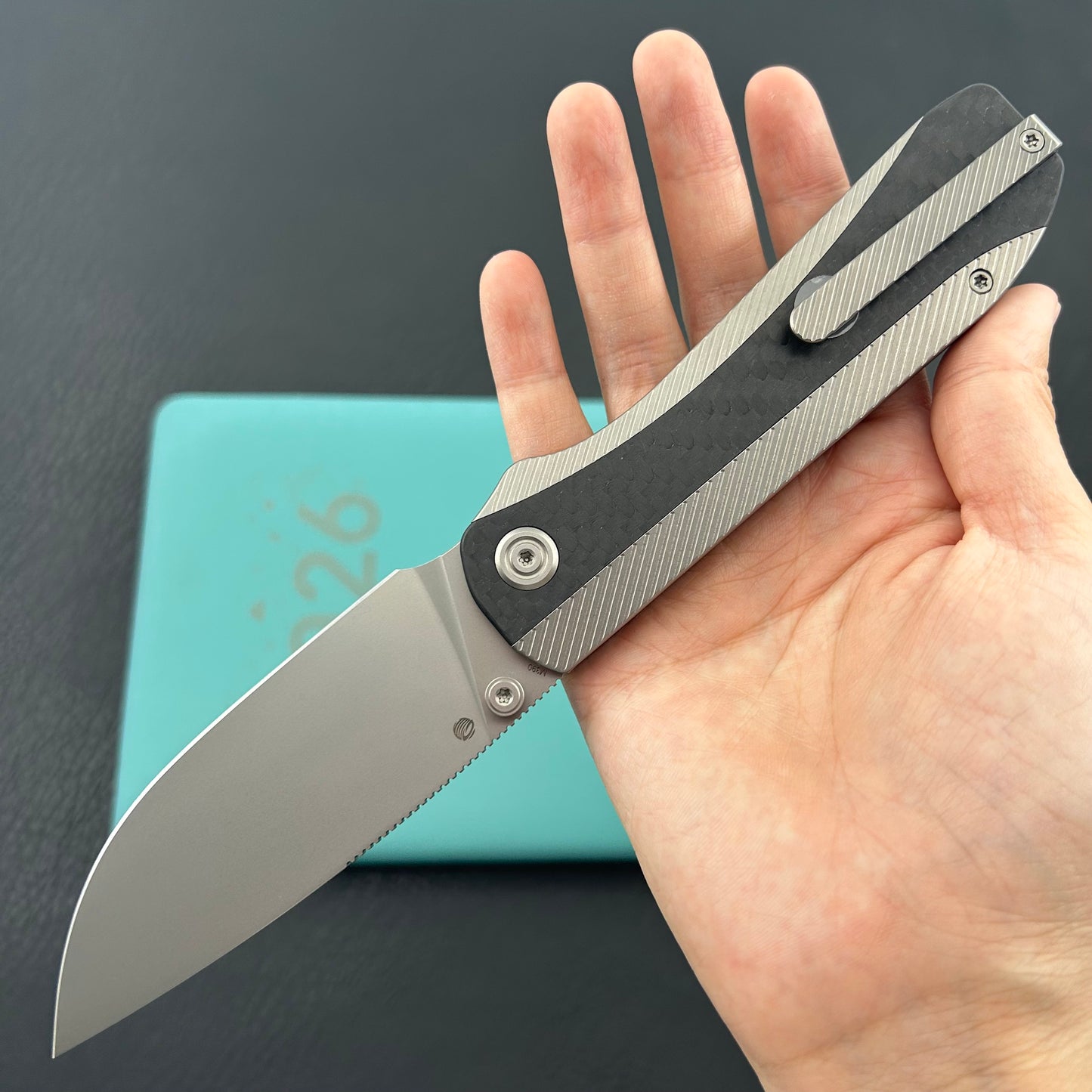 KB KNIVES KB431A  Zephyr Folding Pocket Knife Gray Titanium with Wave CF Inlay 4.65" Silver Beadblast M390